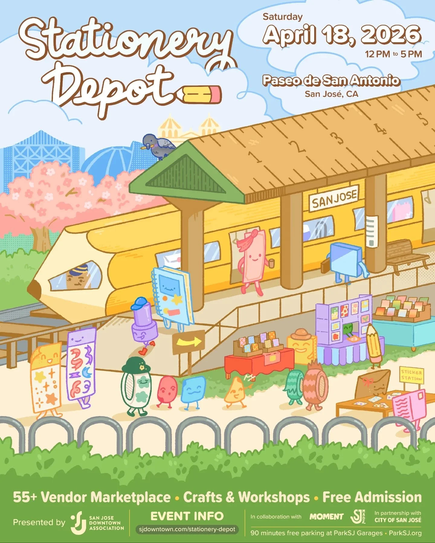 🚂 ✏️ ALL ABOARD! Stationery Depot returns on Saturday, April 18, 2026! Open from 12 pm to 5 pm. Our 2nd annual celebration of all things paper and trinkets happening outdoors along the Paseo de San Antonio in downtown San Jos&eacute;. Free admission