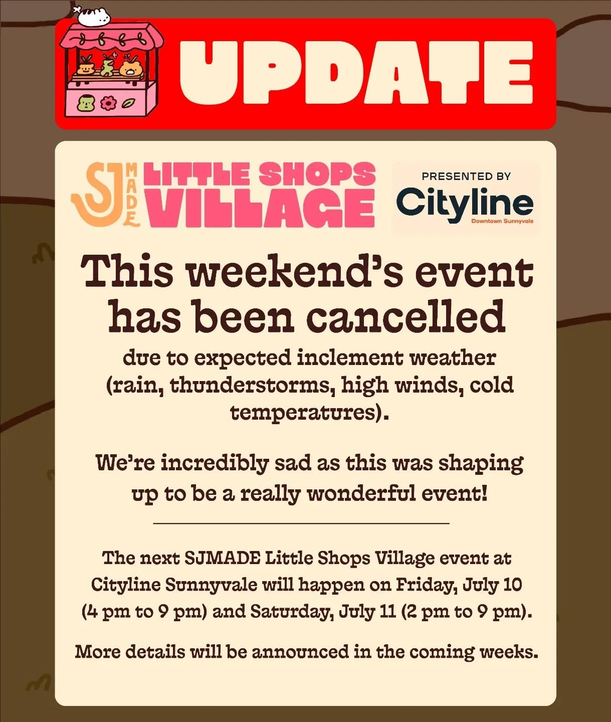😥 Unfortunately, this weekend's (Apr. 11-12) SJMADE Little Shops Village event has been cancelled due to expected inclement weather (rain, thunderstorms, high winds, cold temperatures).

😰 We're incredibly sad to have to do this (we can't remember 