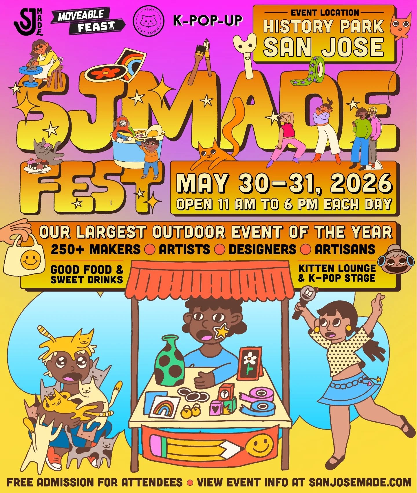 🌞🎉 Our biggest outdoor event of the year: SJMADE Fest 2026! Happening on Saturday, May 30 and Sunday, May 31. Located at History Park San Jos&eacute; (@historysanjose). Open from 11 am to 6 pm each day. Free admission.

⭐ View event page at sanjose