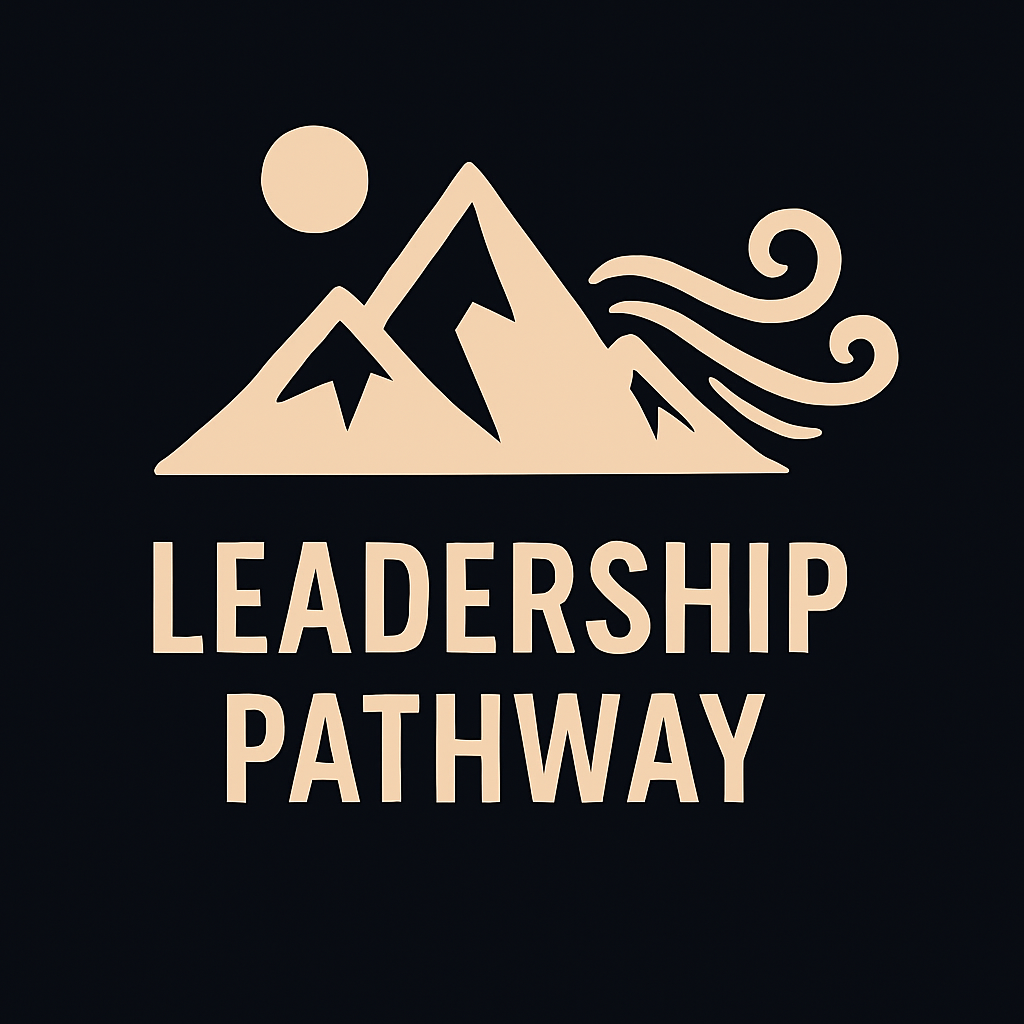 Illustration of a mountain with a circle representing the sun and wind lines, featuring the text "Leadership Pathway" underneath.
