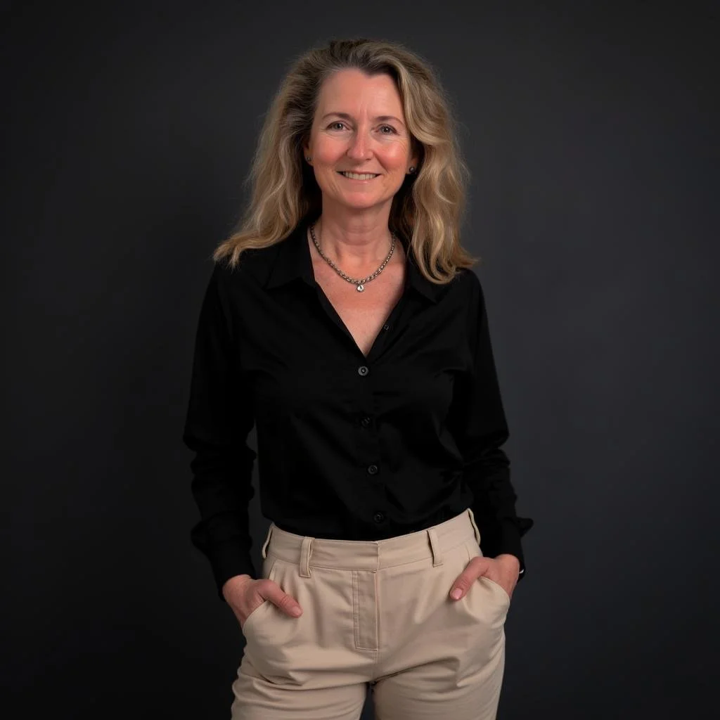 Woman in black shirt and beige pants against black background