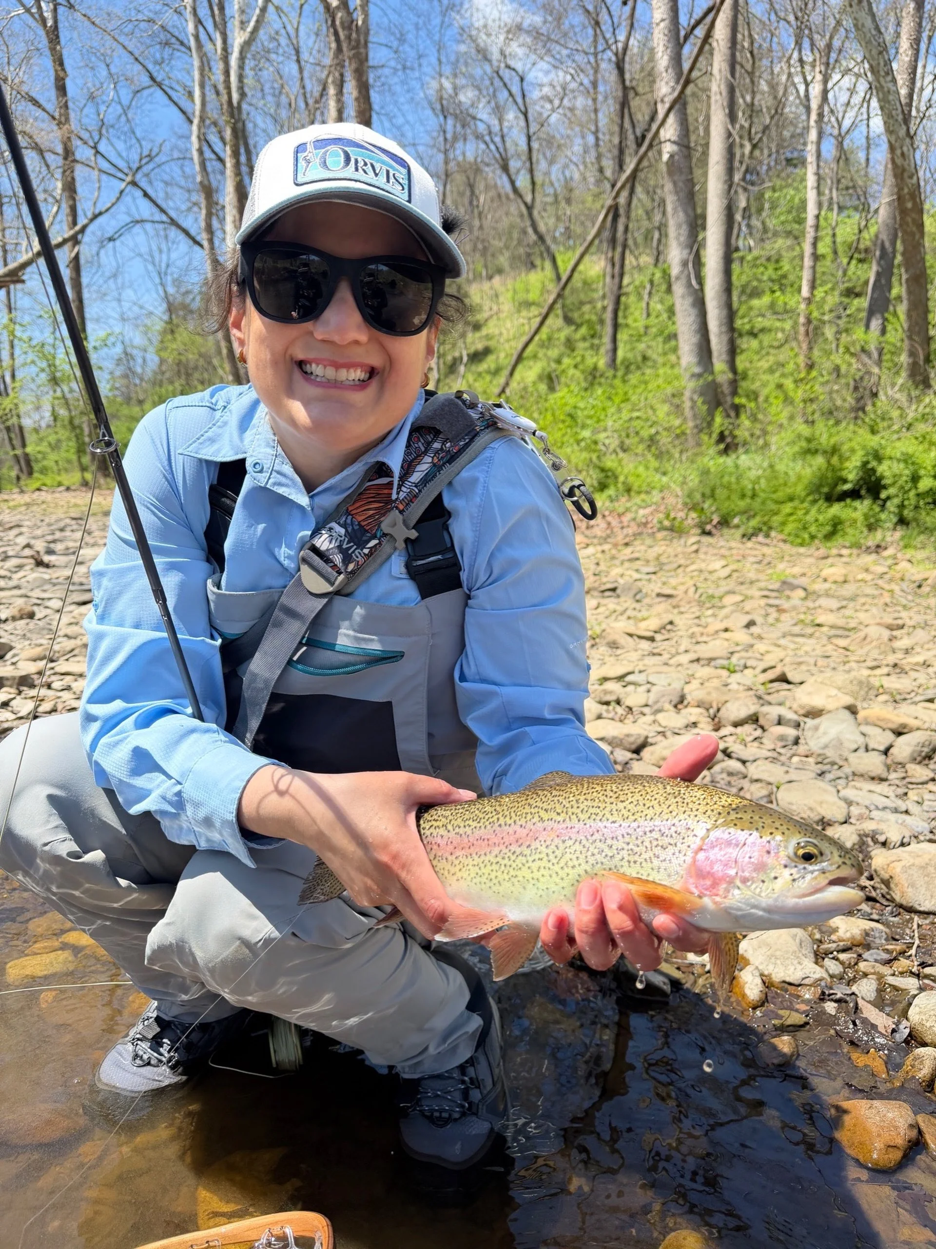 CWA Events Chair with a beautiful rainbow trout. What&rsquo;s your favorite type of trout to catch? 

🎣 Chesapeake Women Anglers is a 501(3)c non-profit women-led club based in the Virginia / Maryland / Washington, DC area that fosters women&rsquo;s