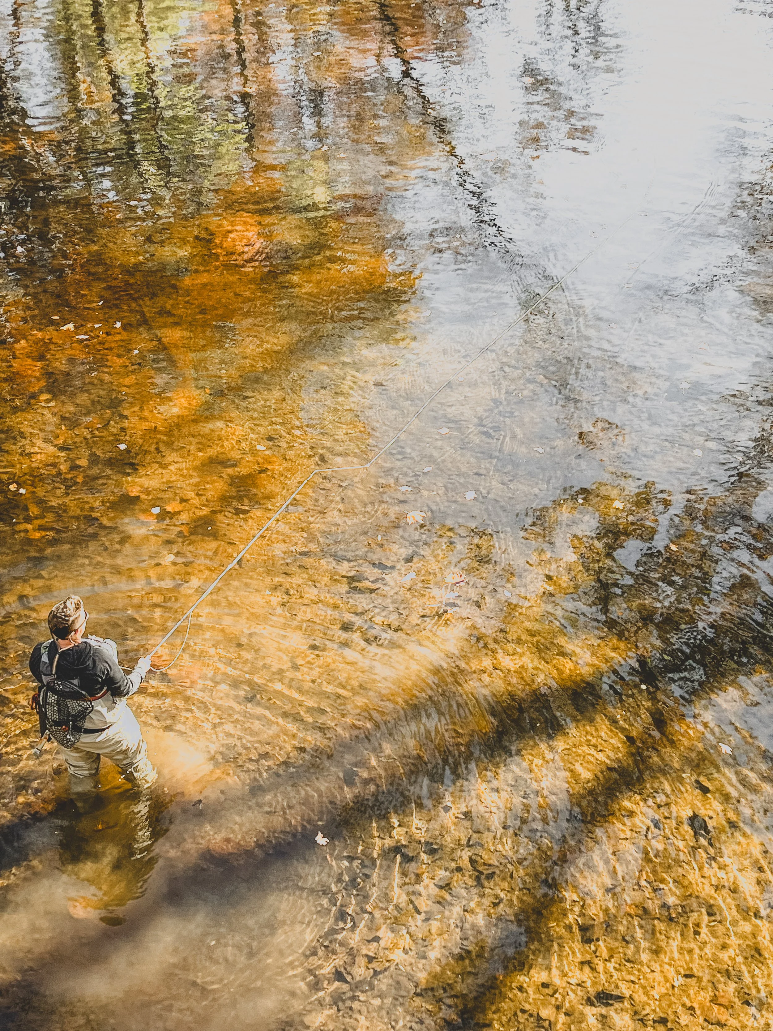 A person fishing in a shallow stream with a fishing pole, autumn leaves reflected in the water.
