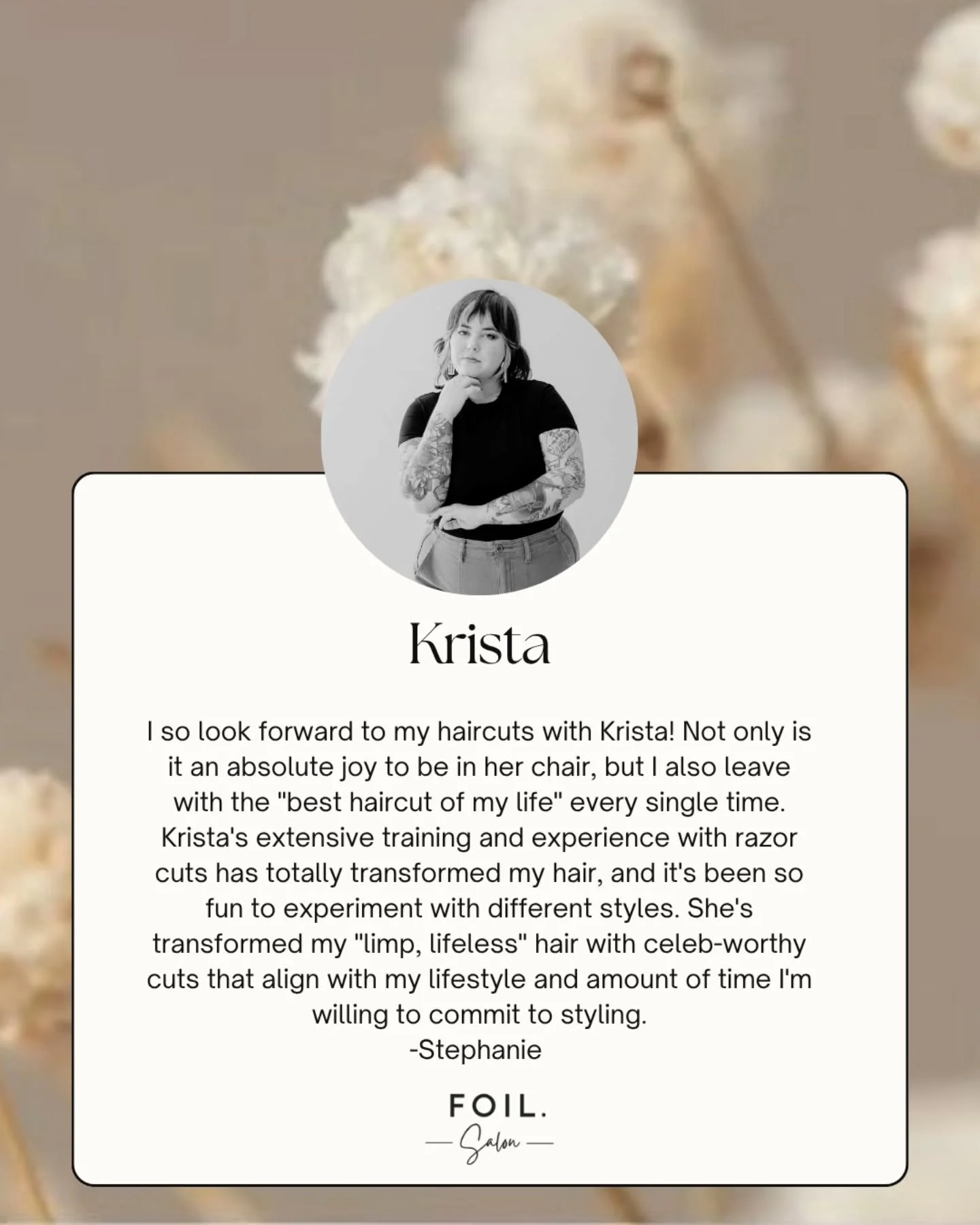 ✨ Stylist Spotlight: Krista ✨

Here&rsquo;s what Stephanie says after her appointments with Krista:

&ldquo;Not only is it an absolute joy to be in her chair, but I also leave with the &lsquo;best haircut of my life&rsquo; every single time. Krista&r