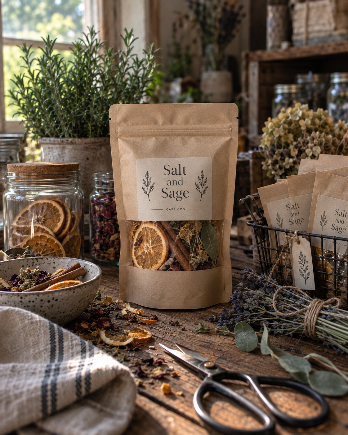 A rustic table displays a package labeled "Salt and Sage," dried citrus slices, cinnamon sticks, dried flowers, scissors, a striped cloth, and various jars of dried herbs and flowers in the background, with a potted plant near a window.