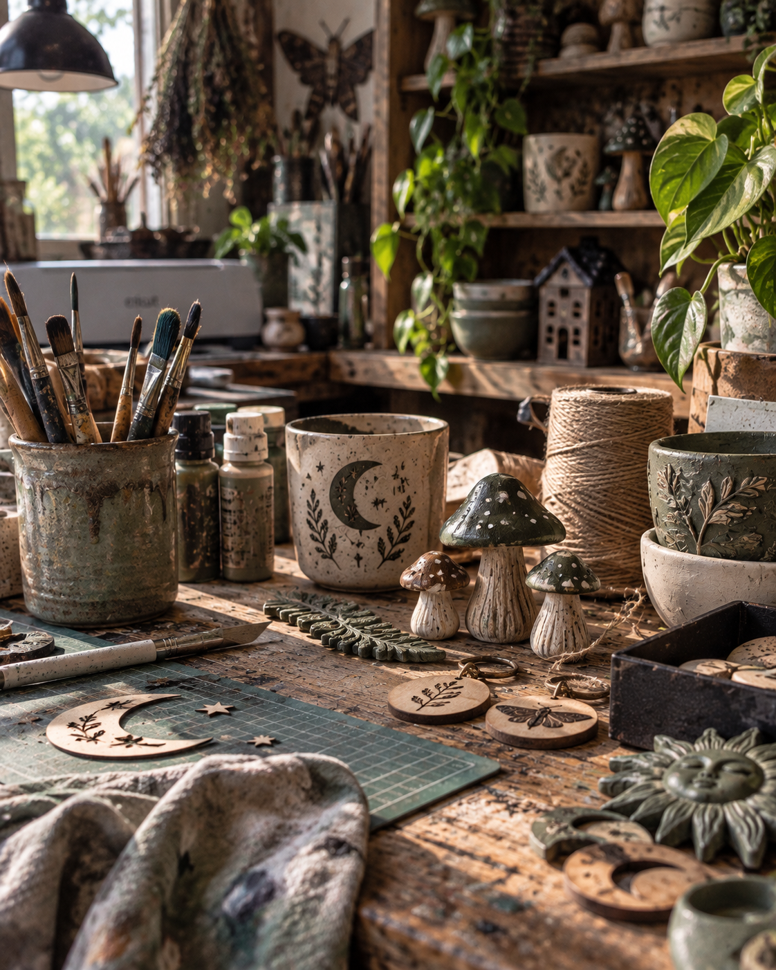 Art studio workspace with ceramic pottery, painted mushrooms, wooden ornaments, brushes, and art supplies on a rustic wooden table surrounded by plants and shelves.