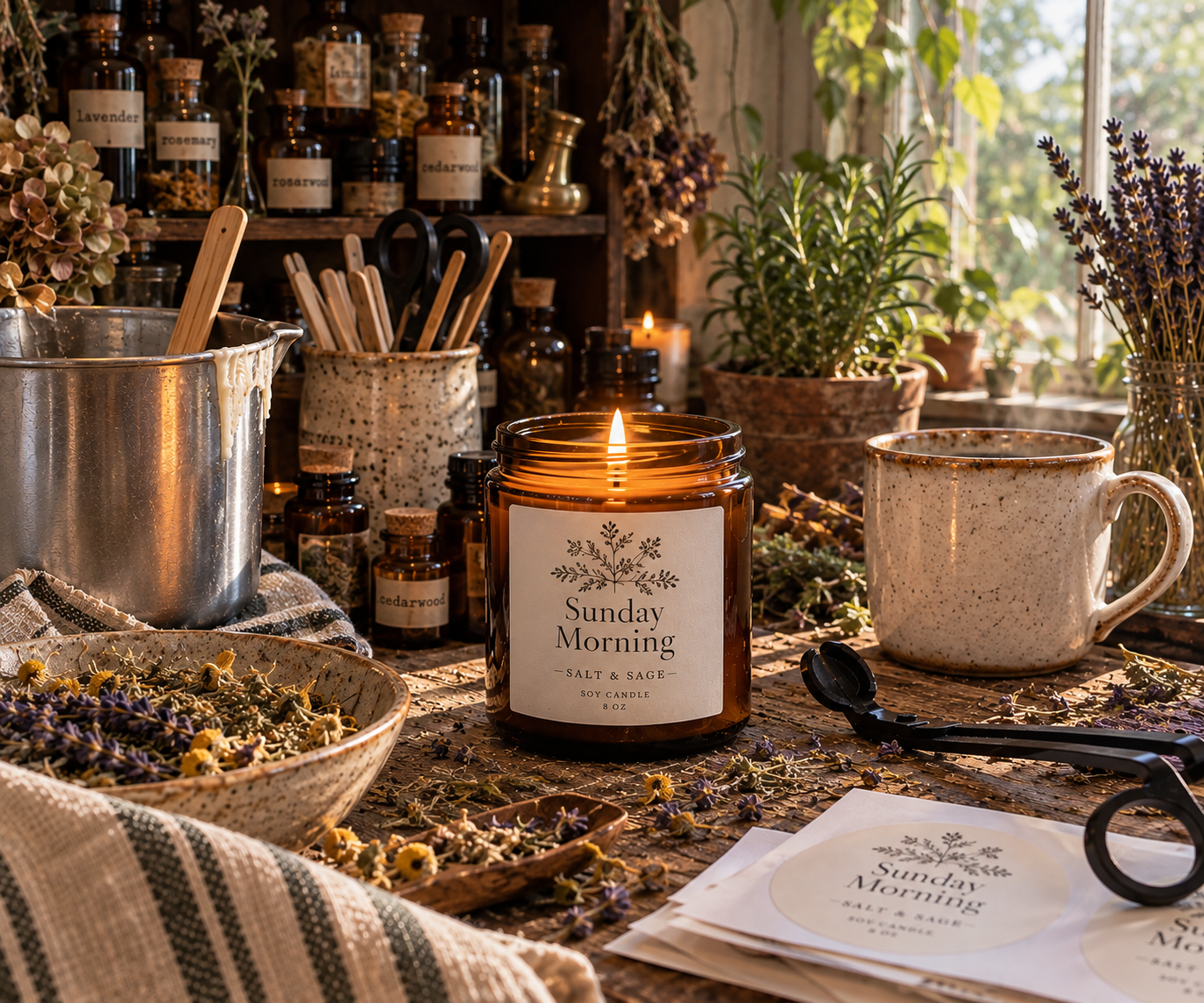 A table with a lit candle, potted plants, dried flowers, and bottles of essential oils, with sunlight streaming in through a window in the background.