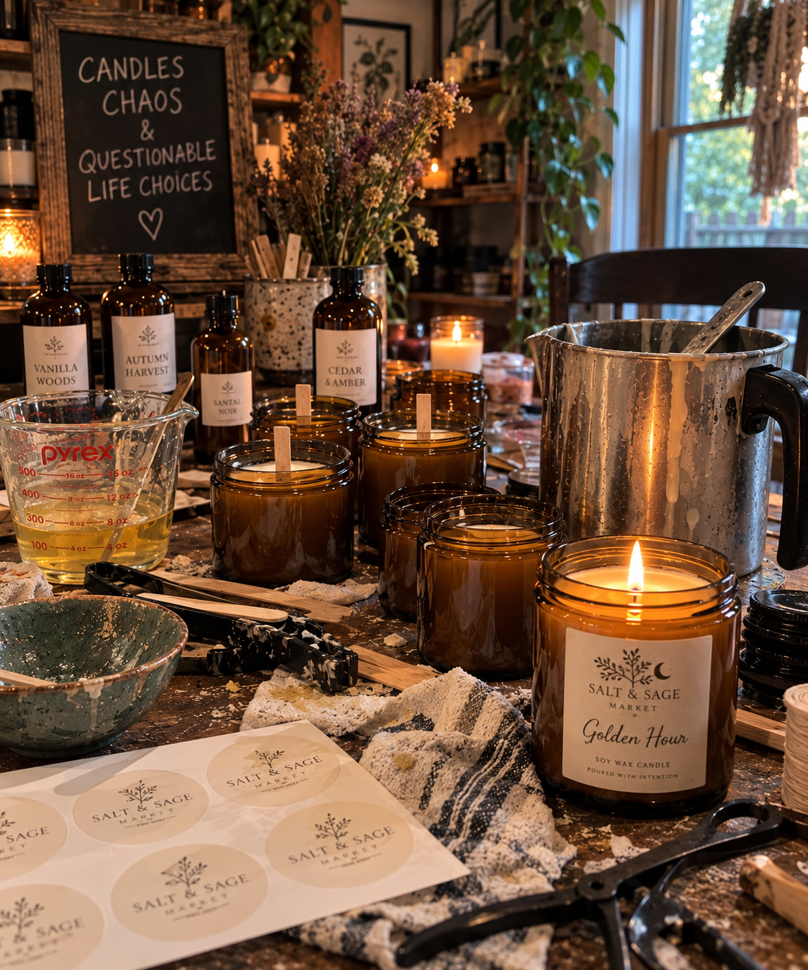 A cozy craft workspace with candles, essential oils, and labels for a candle-making project, featuring a chalkboard sign that reads "Candles Chaos & Questionable Life Choices."