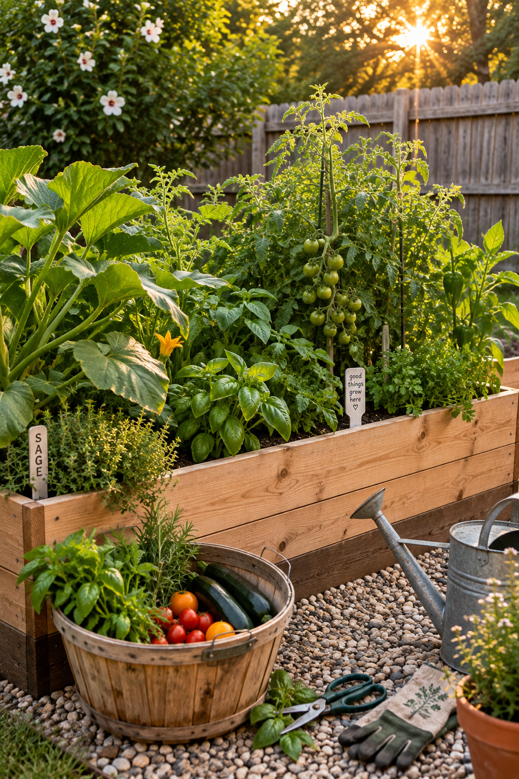 A lush vegetable garden in a raised wooden bed with various plants including tomato, basil, zucchini, and herbs. The garden is illuminated by warm sunlight with a wooden fence and flowering shrub in the background. Gardening tools and a basket of harvested vegetables are seen in the foreground.