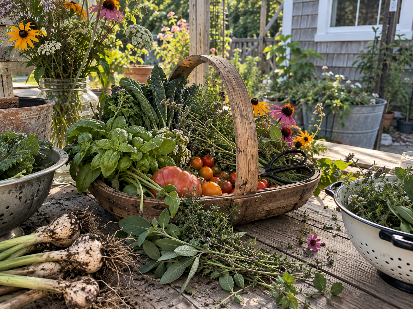 A wooden table outdoors with a basket of freshly picked heirloom tomatoes, basil, and flowering plants, surrounded by potted plants and garden tools, in a garden setting with sunlight.