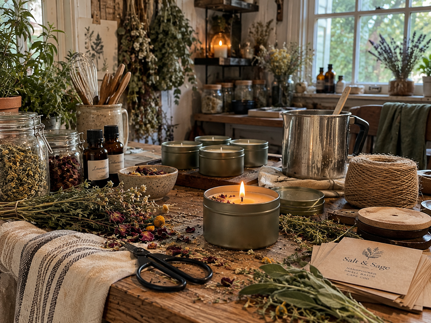 A cozy, cluttered craft or candle-making workspace with candles, dried flowers, jars, and craft supplies on a wooden table, illuminated by natural light from a window, with a rustic, warm atmosphere.
