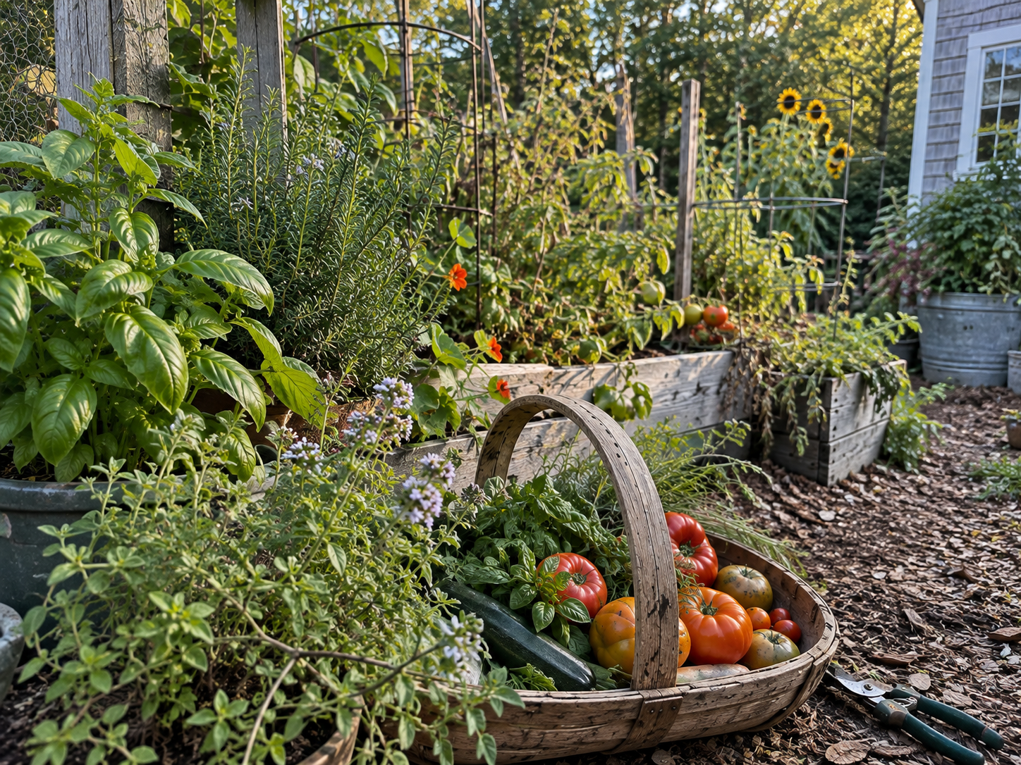 A garden with raised wooden beds filled with tomato and other plants, and a basket of ripe heirloom tomatoes. There's a row of potted herbs and gardening tools on the ground.