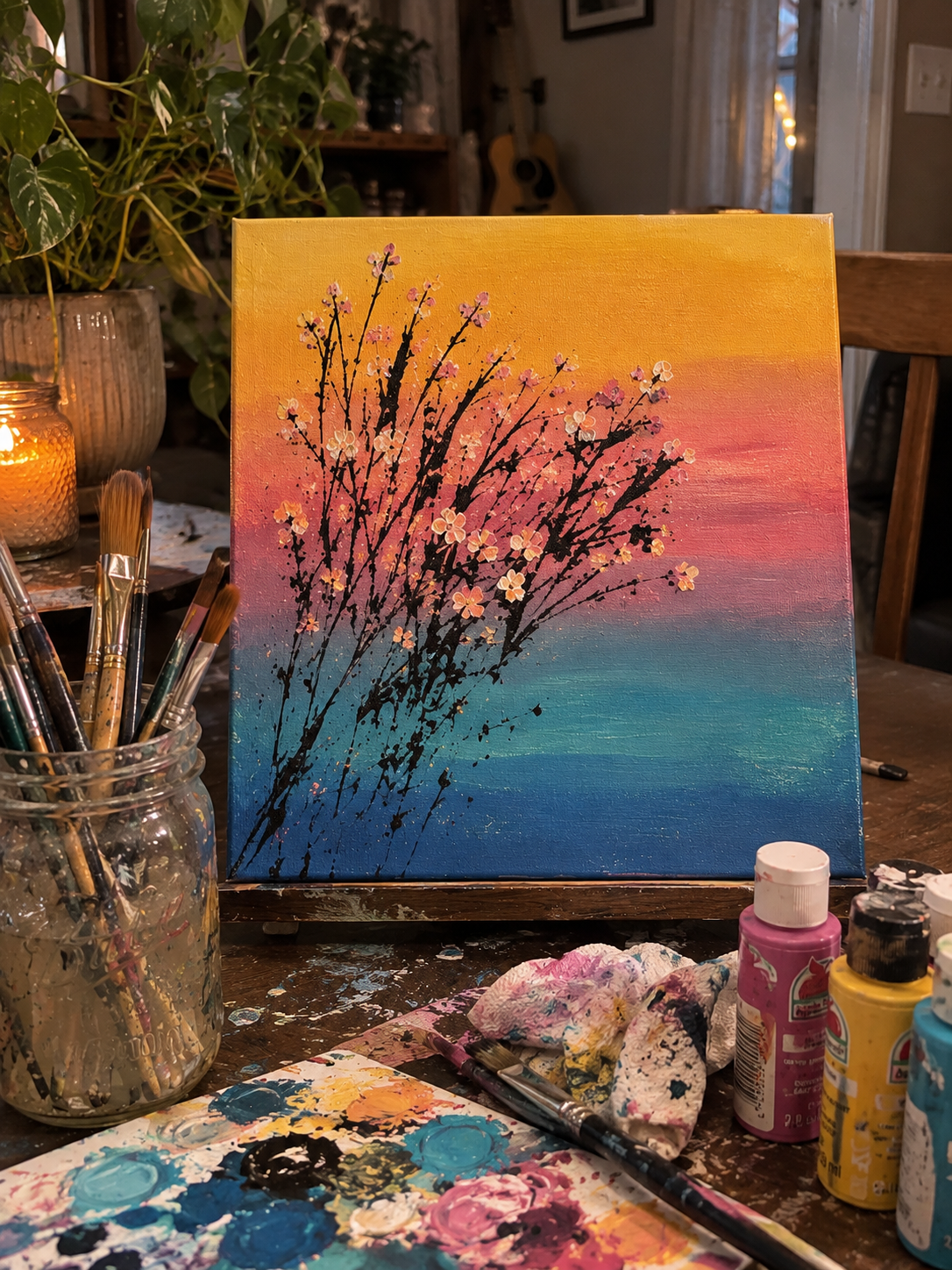 A colorful acrylic painting of a flowering tree with pink blossoms against a vibrant, multicolored sunset background. The scene is set on a wooden table with painting supplies, including brushes, paint bottles, and a palette with mixed colors.