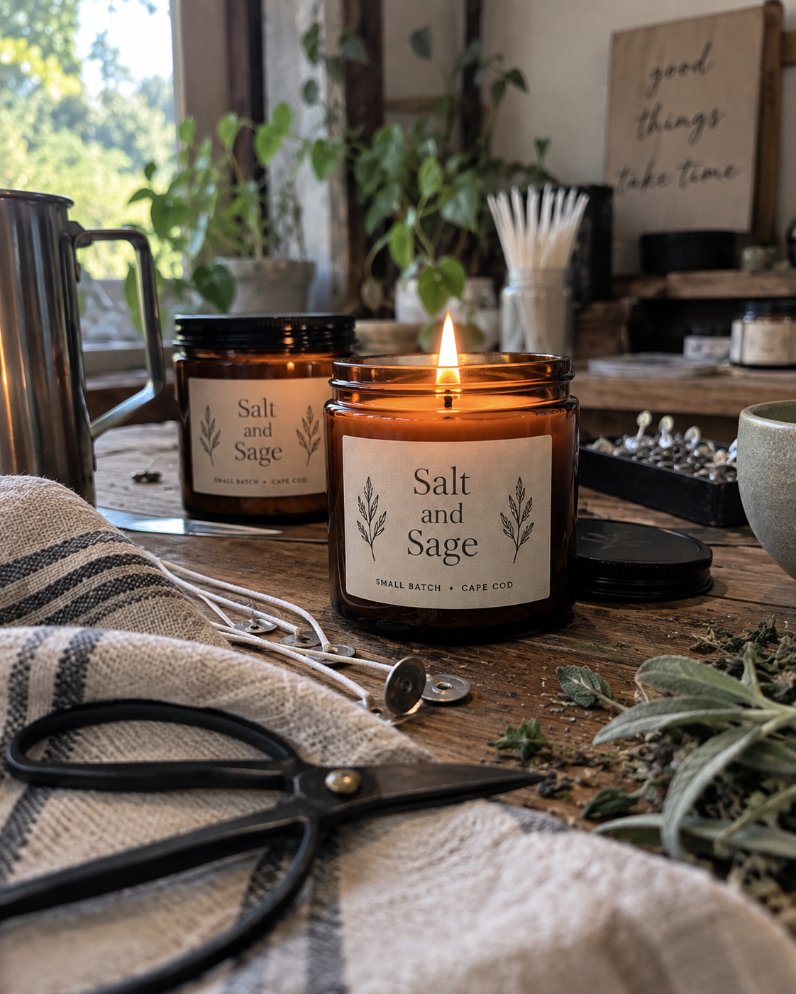 Amber jar candle labeled 'Salt and Sage' burning on a rustic wooden table, surrounded by dried herbs, scissors, and other small items, with a window and green plants in the background.