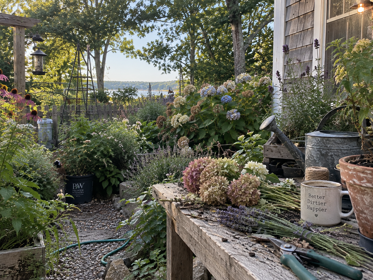 A garden patio with potted plants and flowers, gardening tools, and a rustic wooden table, overlooking a scenic lake view in the background.