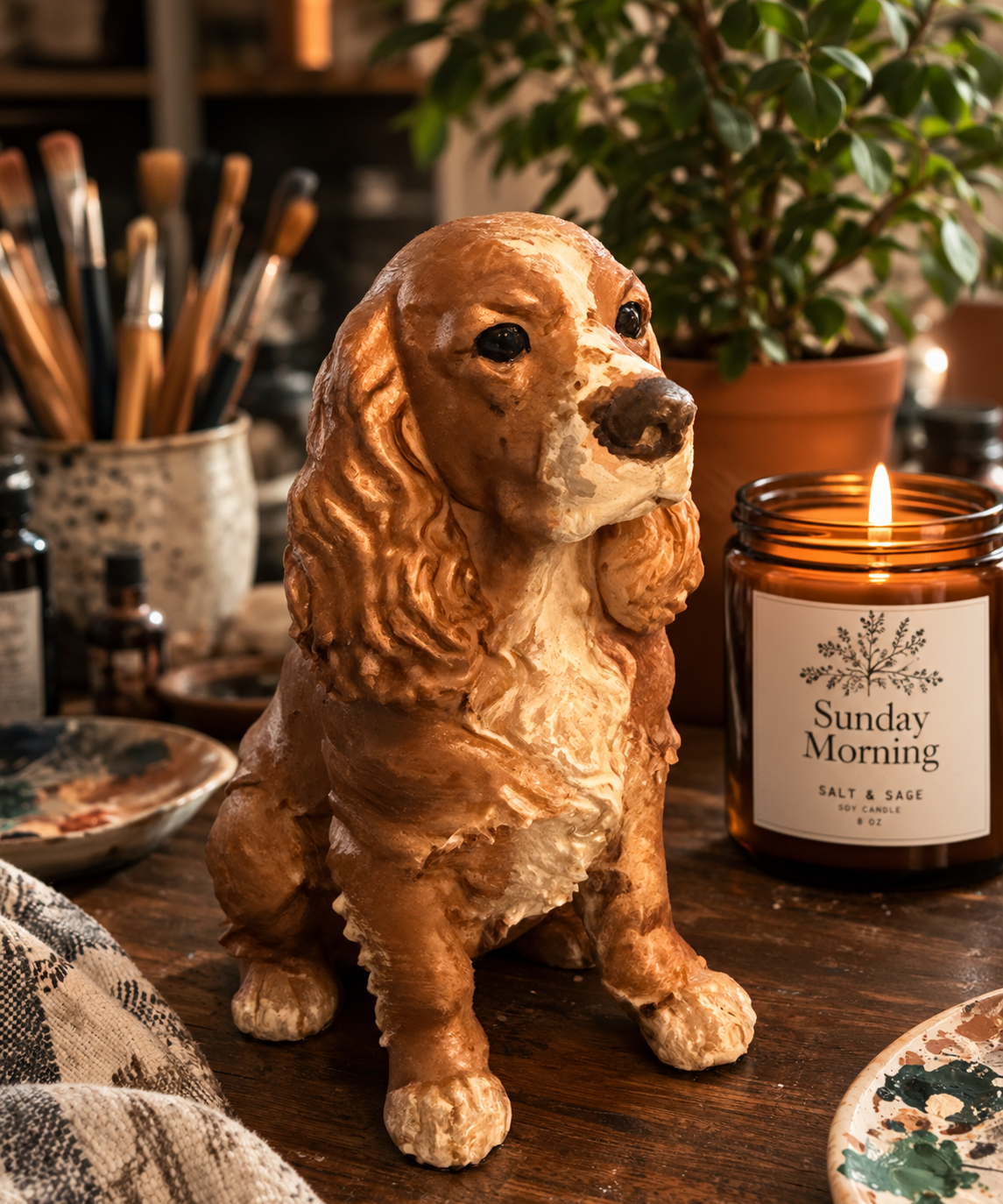 A detailed ceramic figurine of a dog with long, wavy ears, sitting on a wooden surface. Behind it, there is a lit candle in a brown jar labeled 'Sunday Morning,' a potted plant, brushes in a container, and various art supplies.