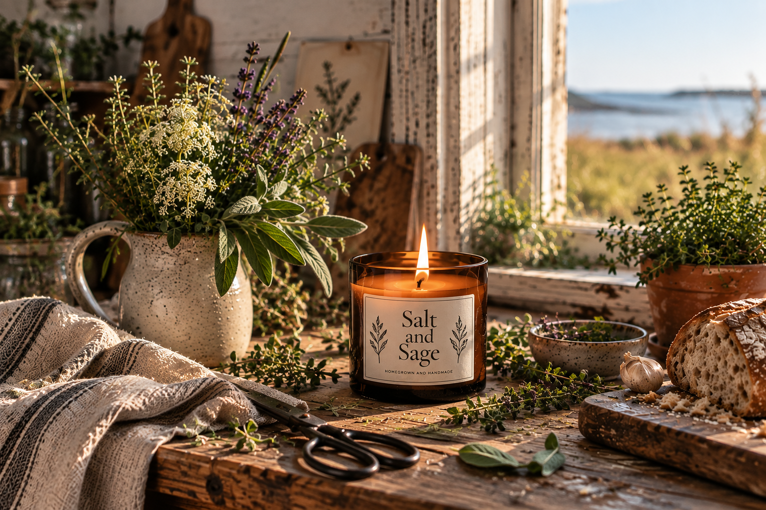 A cozy rustic kitchen table with a lit candle labeled "Salt and Sage," fresh herbs in a ceramic pitcher, a loaf of bread, garlic, and scattered greenery, with sunlight streaming through a window overlooking nature.