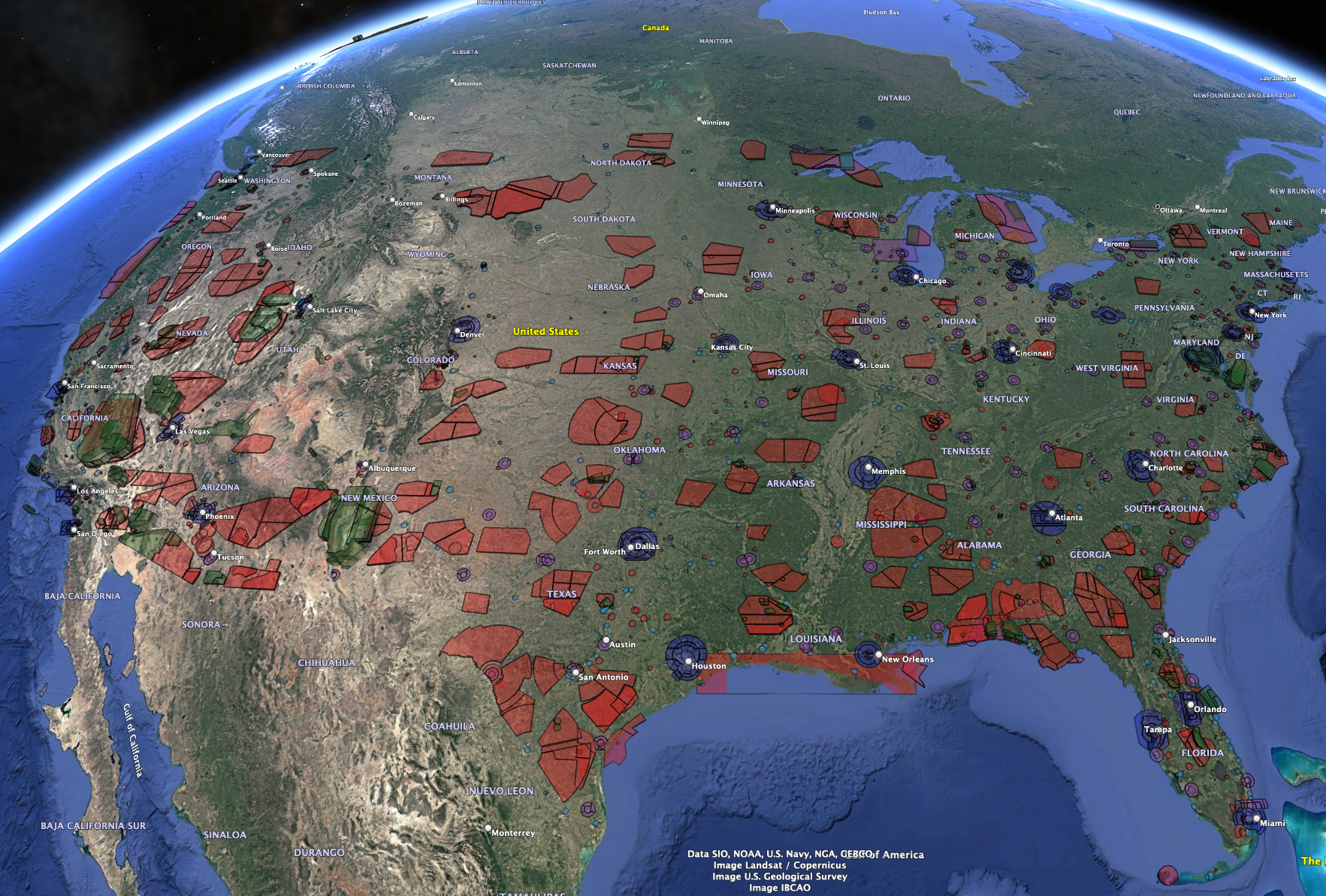 Google Earth showing the USA with overlays of shapes on top of the country