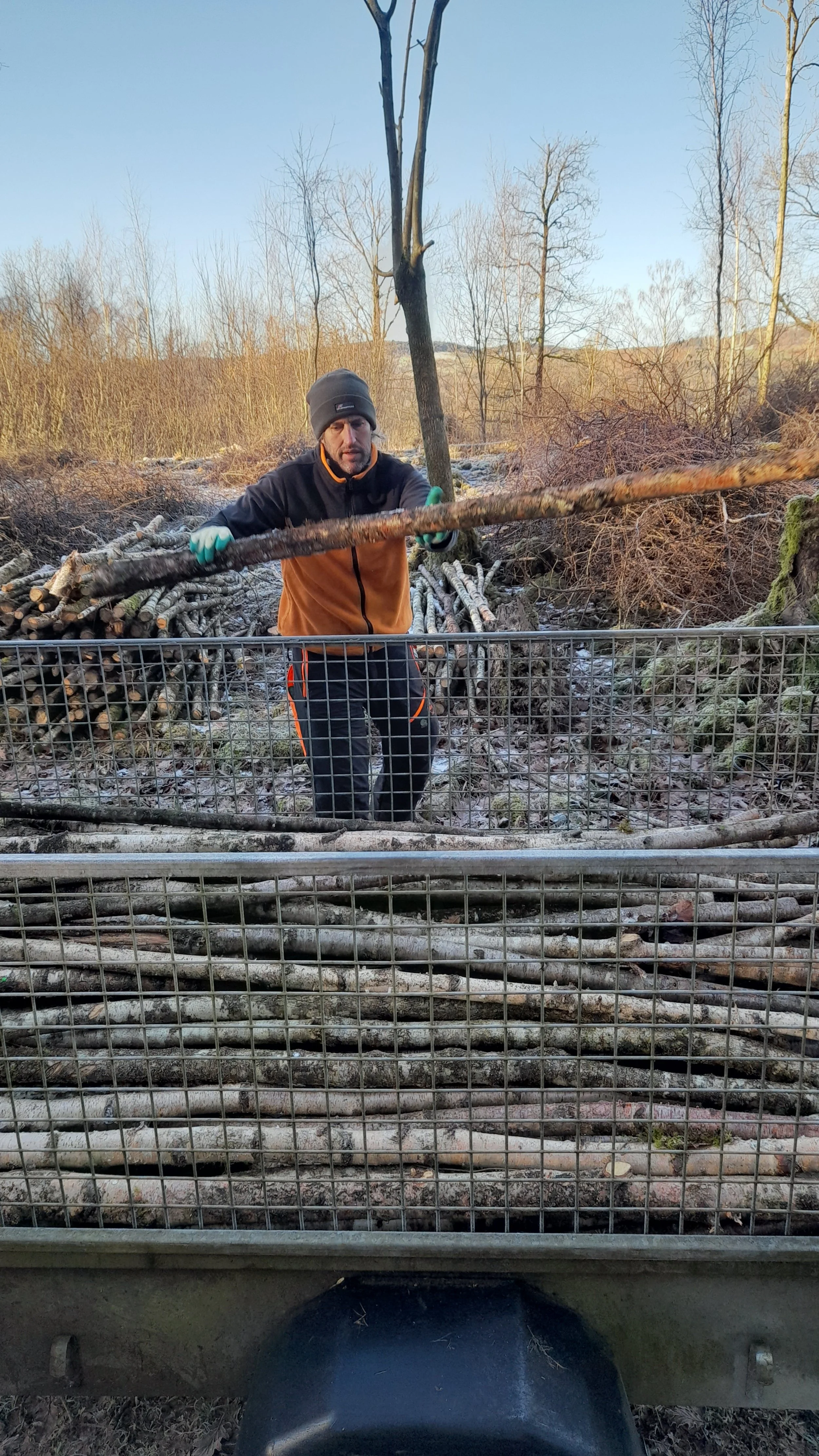 A man wearing a gray beanie, black and orange jacket, and gloves is stacking logs onto a cart outdoors in a wooded area.