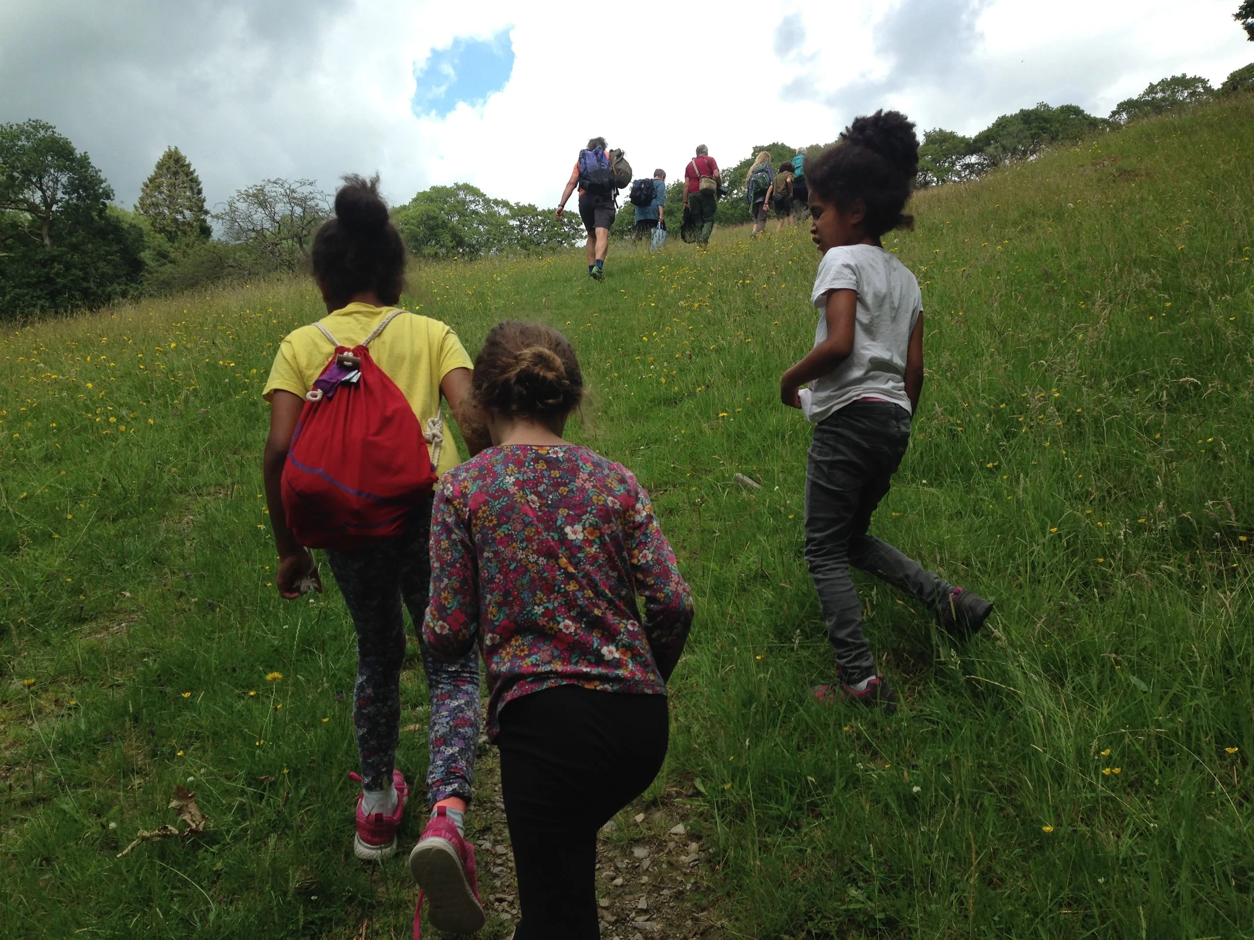 Group of people hiking uphill on a grassy trail in a lush, green area, with trees and cloudy sky in the background.