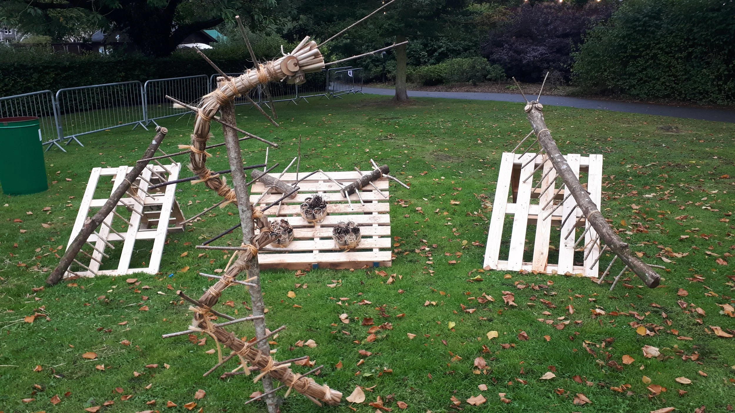 Outdoor scene showing various sculptures made for a project about invertebrates
