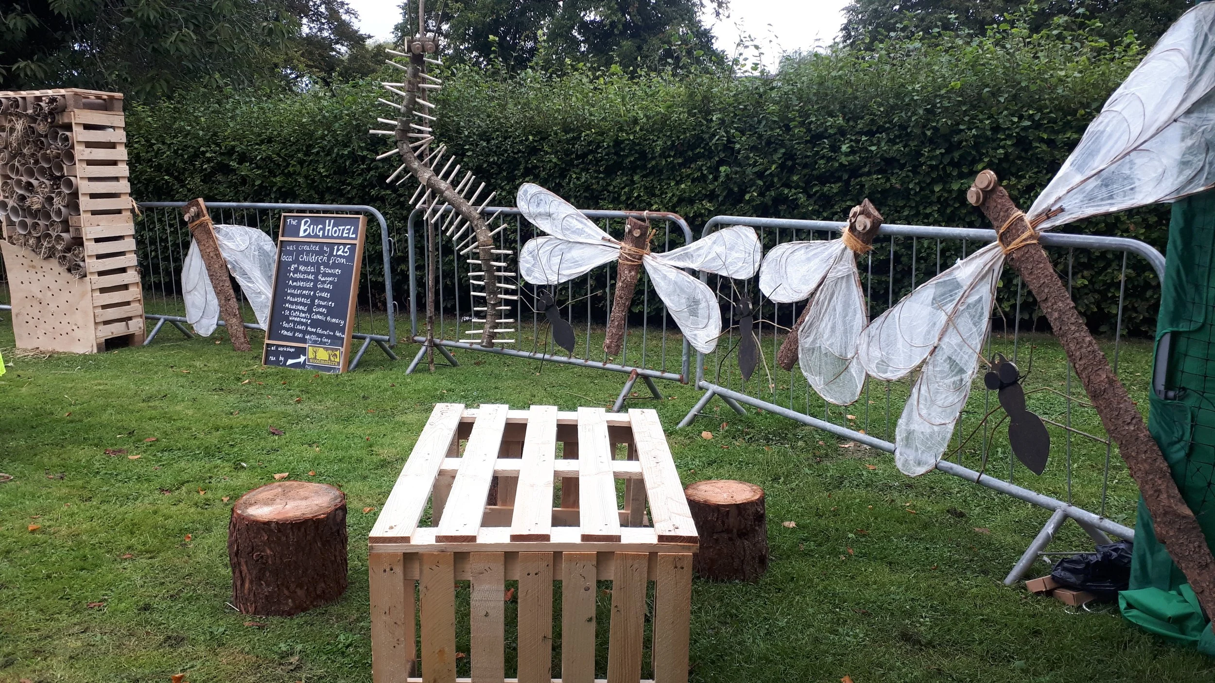Outdoor exhibit with large insect replicas made of wood and fabric, displayed behind metal barriers on grass, with a blackboard sign describing the display and a wooden pallet on the ground.