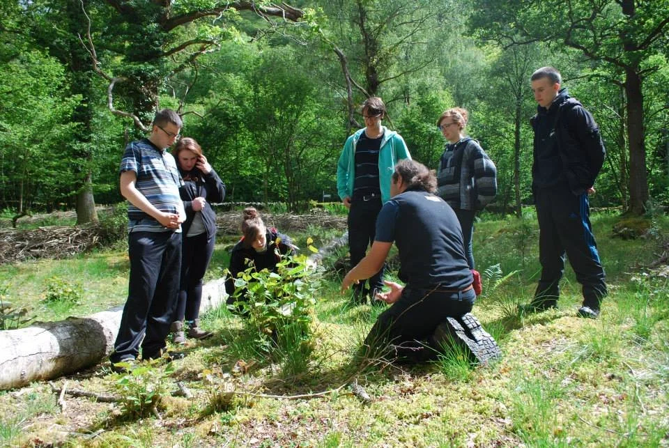 Group of people, including children and adults, in a forest clearing, gathered around a small plant or bush, with one person kneeling and demonstrating or teaching about the plant.