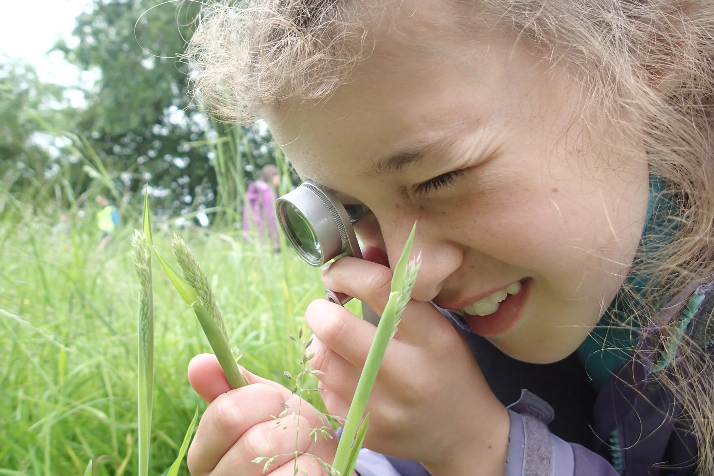 A girl with a magnifying glass examining a plant in a grassy field.