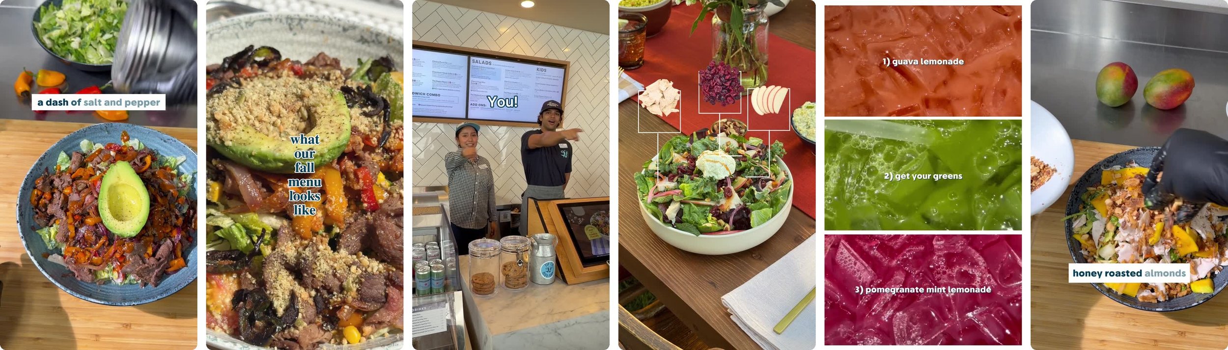 Stills from six Mendocino Farms reels: chef POV builds, a fall menu reveal, a team moment, an ingredient callout, a drinks split screen
