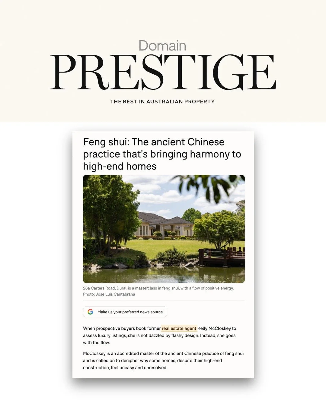 Feng Shui Master Kelly McCloskey interviewed for Domain Prestige