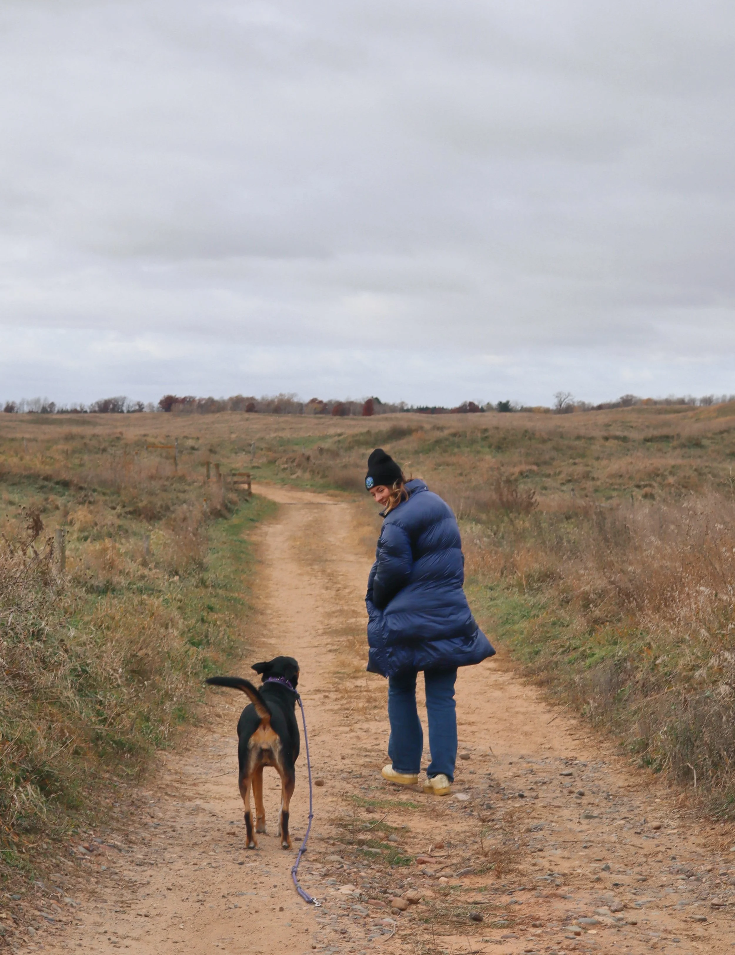 Person walking a dog on a dirt trail in an open field under a cloudy sky.