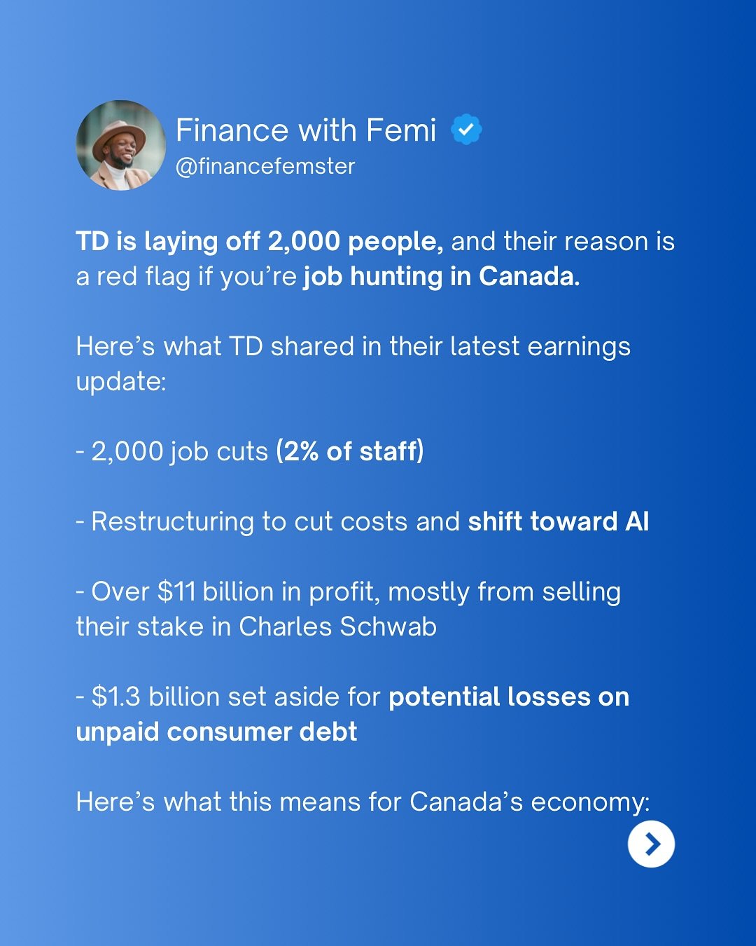TD is cutting 2,000 jobs to invest in AI, just 7 months after a $3 billion fine…
Now, with unemployment rising across Canada, the rest of the Big Six banks are reporting earnings this week.
Plus, we’re getting a fresh look at Canada&rs