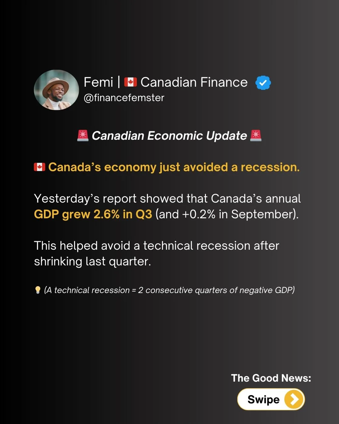 🇨🇦 Canada just avoided a recession&hellip; but the full story is more mixed.
 Q3 GDP came in stronger than expected, but households and businesses are still feeling the squeeze.

In today&rsquo;s carousel, I break down:
 📊 What boosted Canada&rsqu