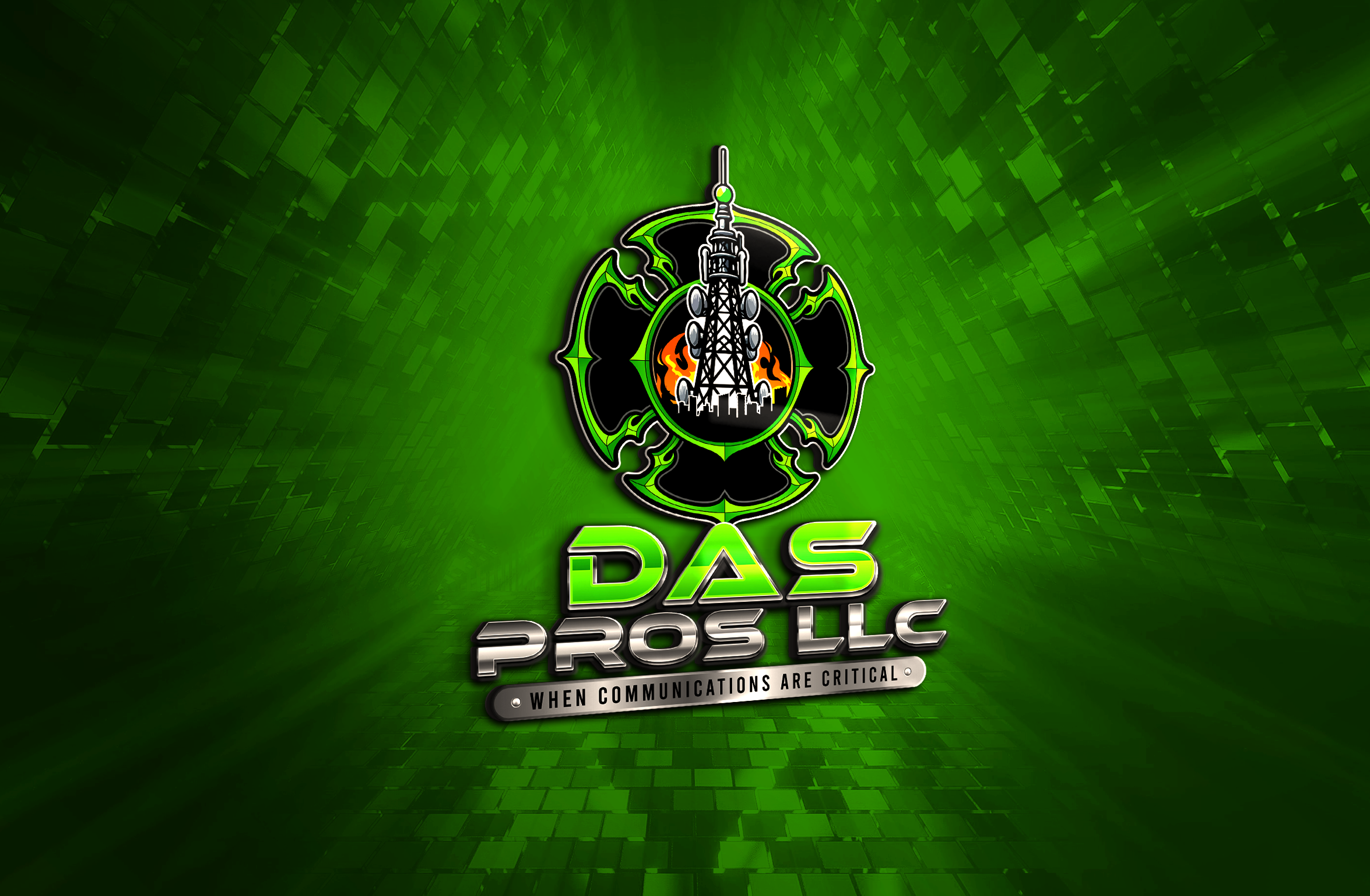 Bright green digital-themed background with a central glowing logo of a communications tower surrounded by bat-like wings and flames. Below the logo, there is the text 'DAS PRO LLC' in bold, glowing green and silver letters. A tagline at the bottom reads, 'When communications are critical'.