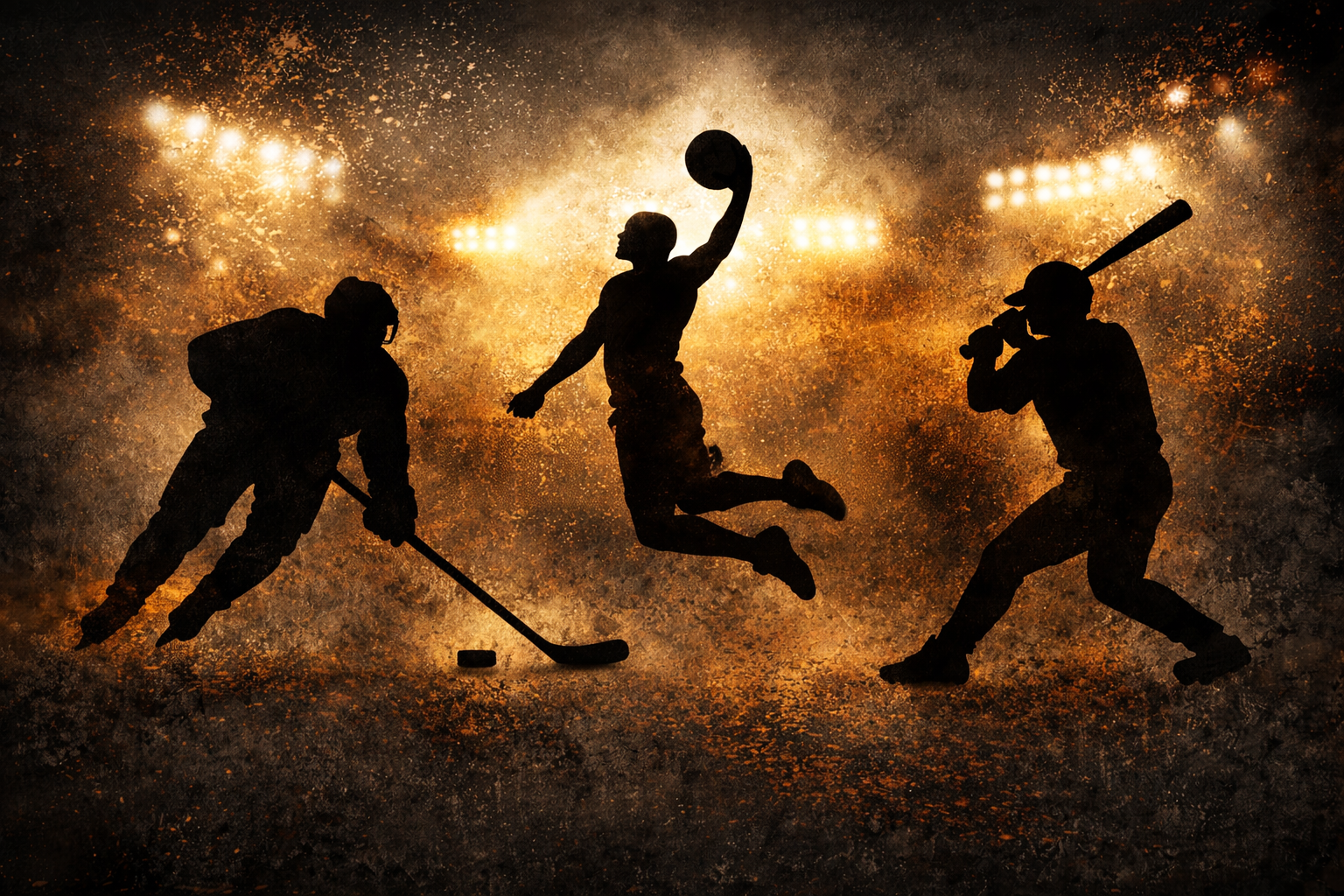 Silhouettes of hockey players in action during a game, with one player jumping with a puck, and bright lights in the background.