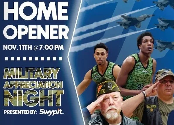 An event poster for a home basketball game on November 11th at 7:00 PM, featuring military appreciation night and military personnel in uniform, with fighter jets flying in the background.