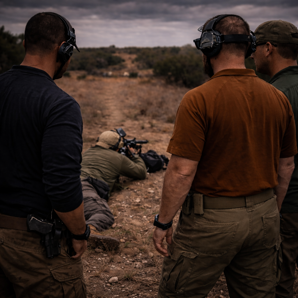 Two soldiers in camouflage uniforms and ear protection observe a third soldier lying prone on a dirt path in a grassy field, with scattered trees in the background.