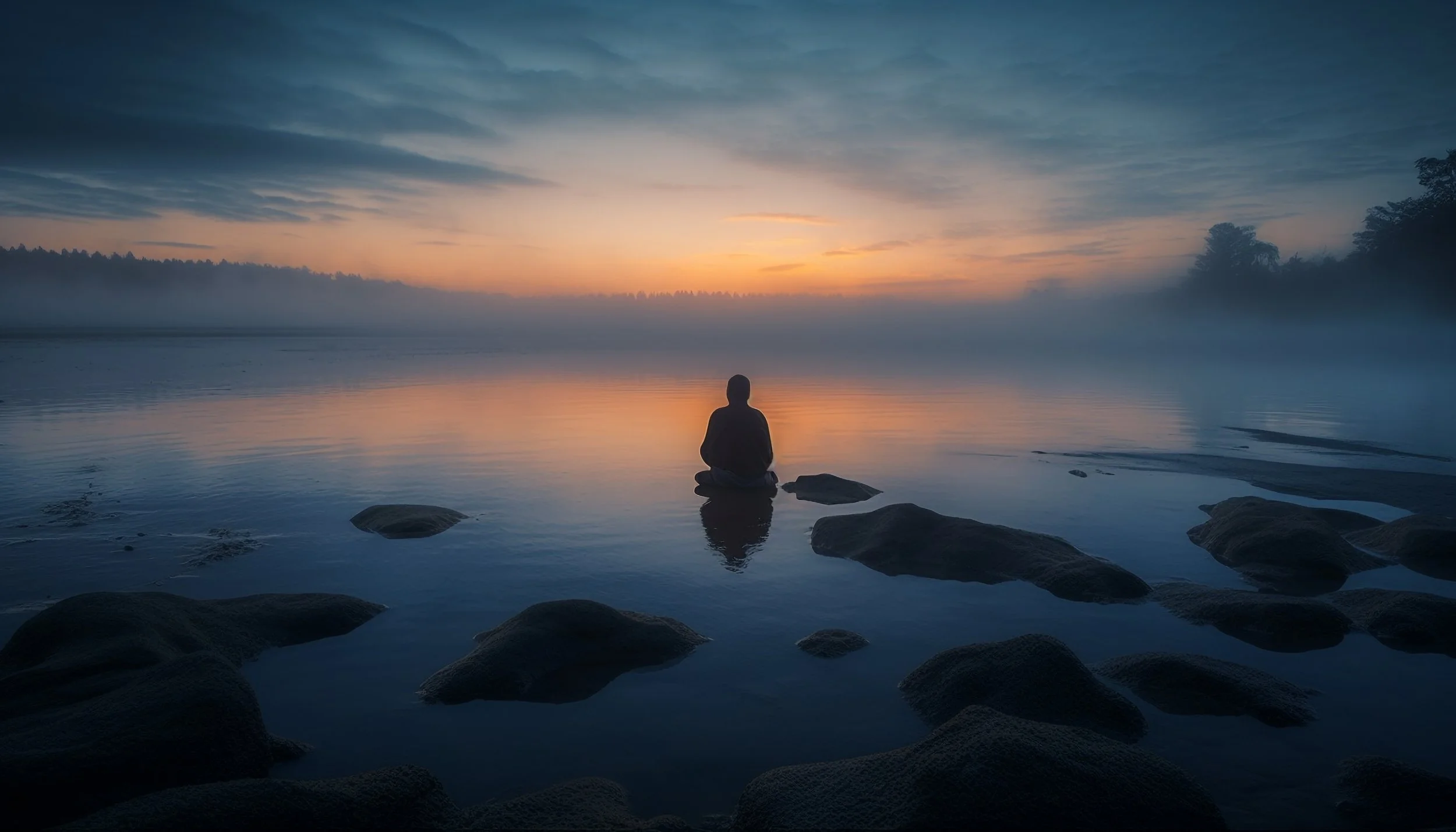 Une personne assise sur des rochers au bord d'une rivière ou d'un lac au lever ou coucher du soleil, avec de la brume et un ciel coloré en arrière-plan.