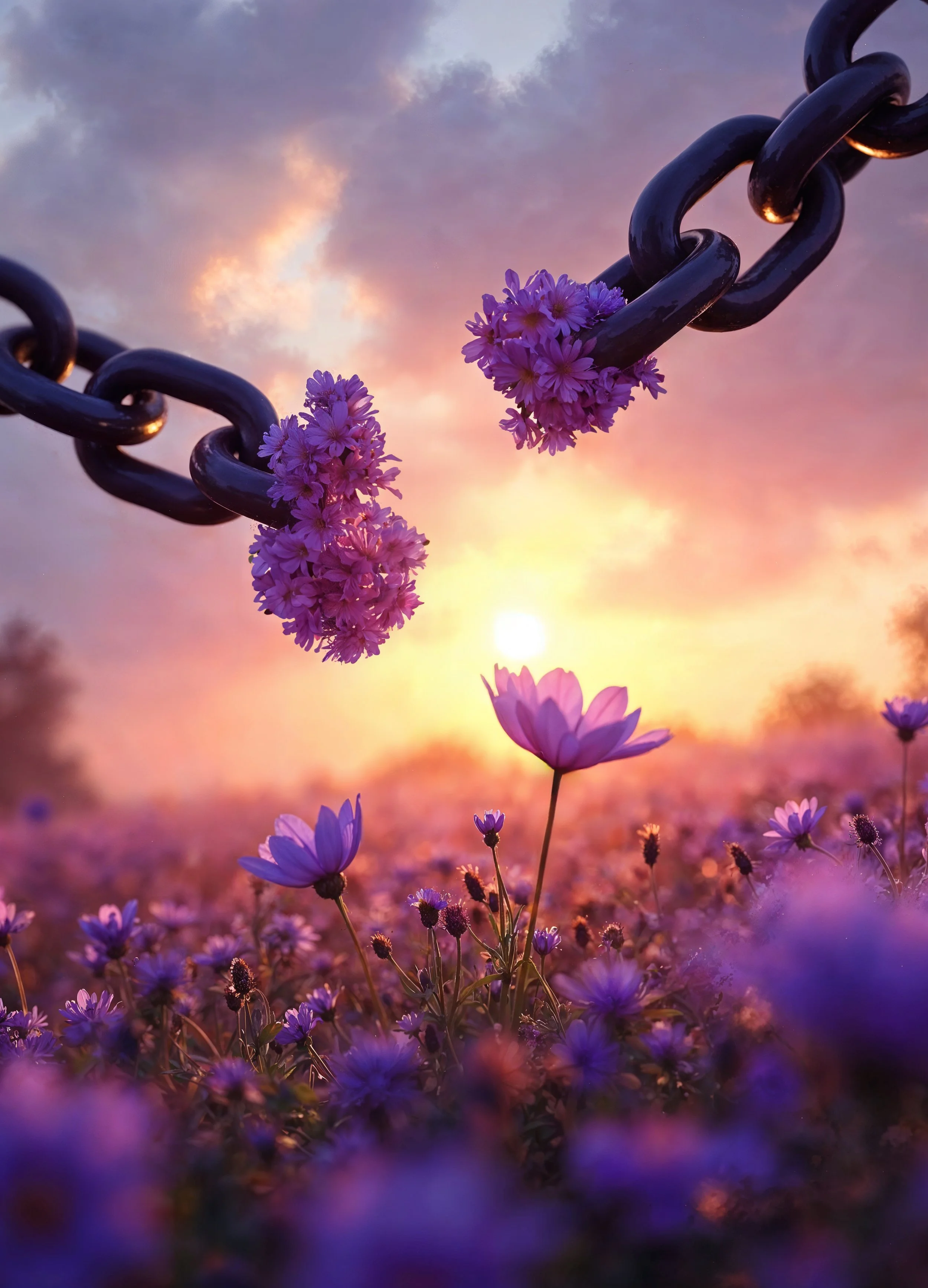Fleurs violettes dans un champ au coucher du soleil avec un ciel coloré, chaînes noires en arrière-plan