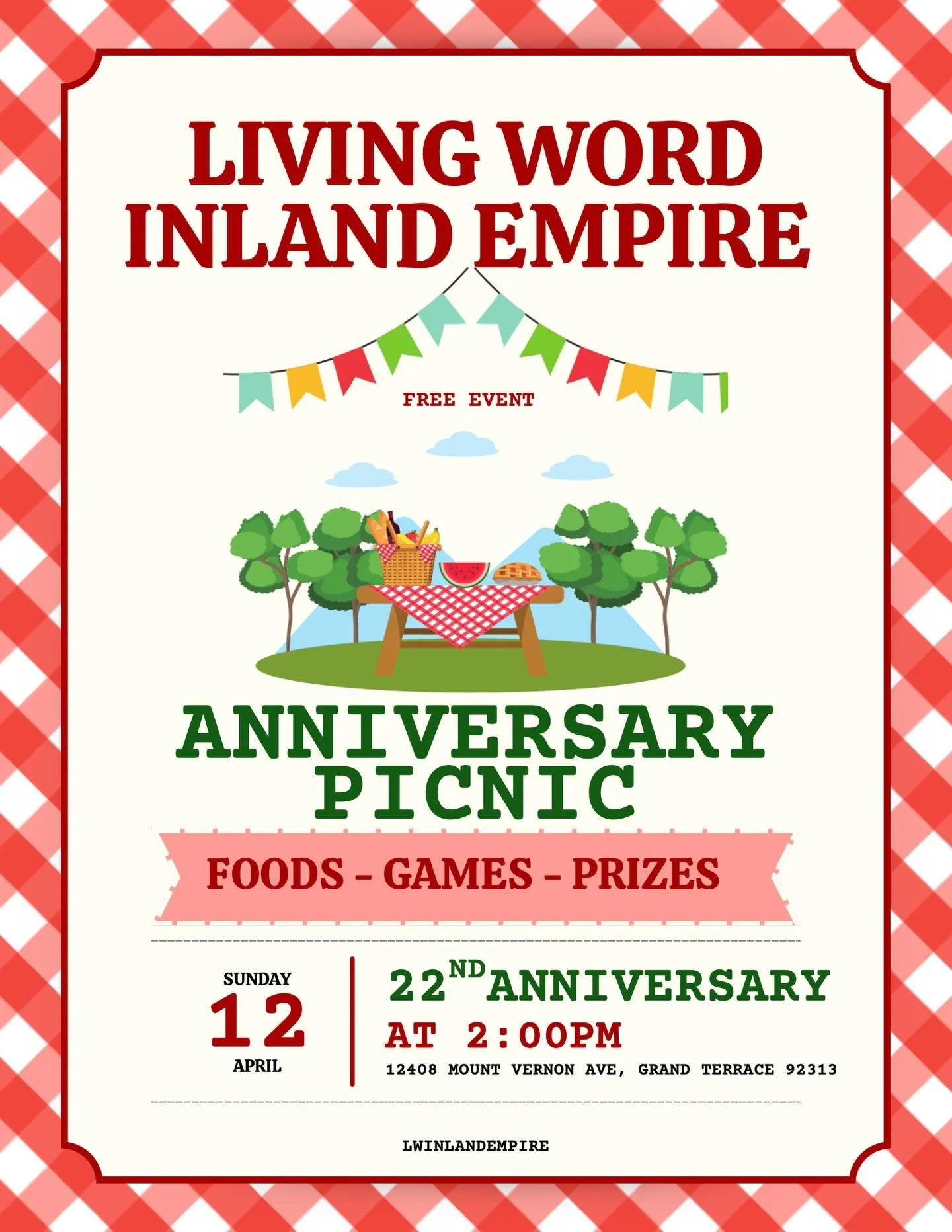 Hey Living Word We are so Excited To Celebrate 22 Years of Ministry! 🙌🏼 Come out to join us for Our Anniversary Picnic! April 12th @2:00pm! Please sign up with Joesph! If you&rsquo;d like to Help Please let us Know! 🤍✝️