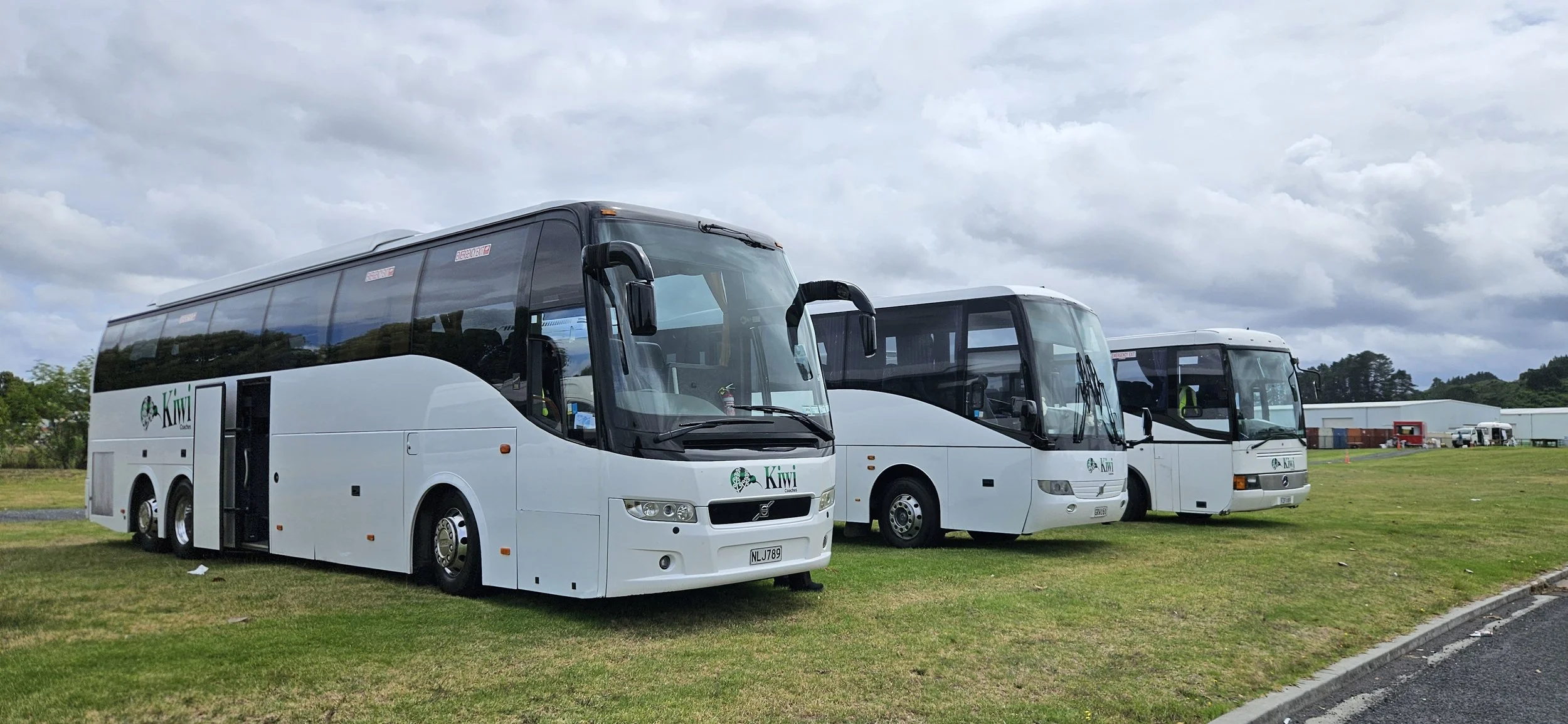 Three white buses parked on a grassy area on a cloudy day.