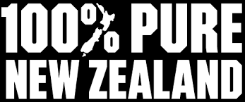 Text reading '100% Pure New Zealand' in bold white letters on a black background.