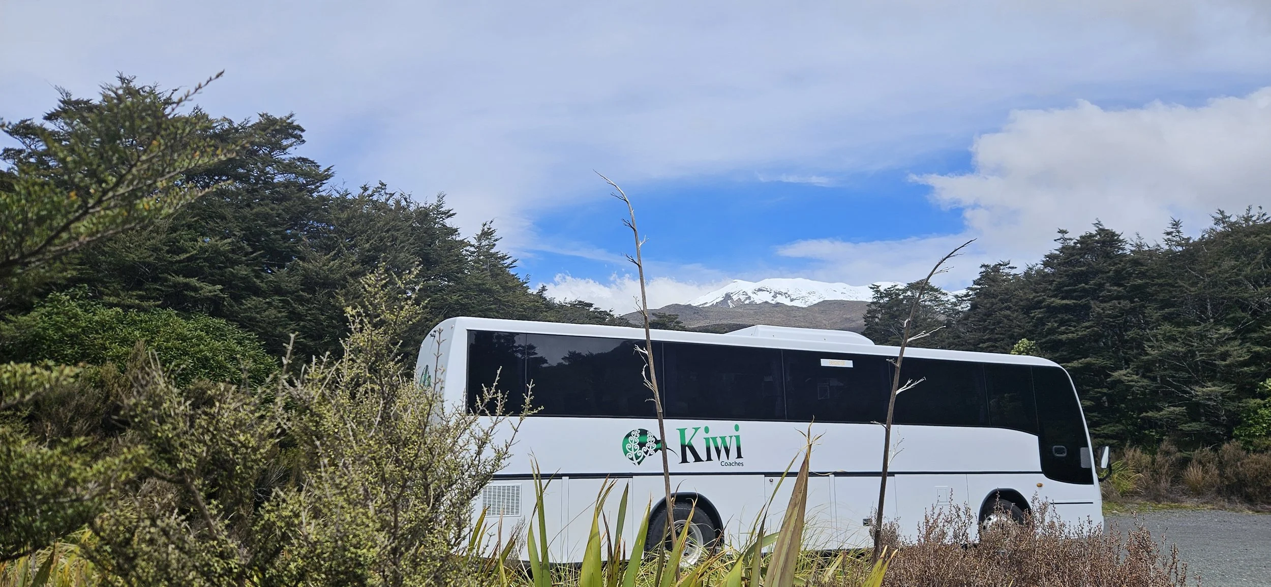 A white coach bus with the logo and name "Kiwi Coaches" parked on a gravel area in front of a forested landscape with snow-capped mountains in the background.