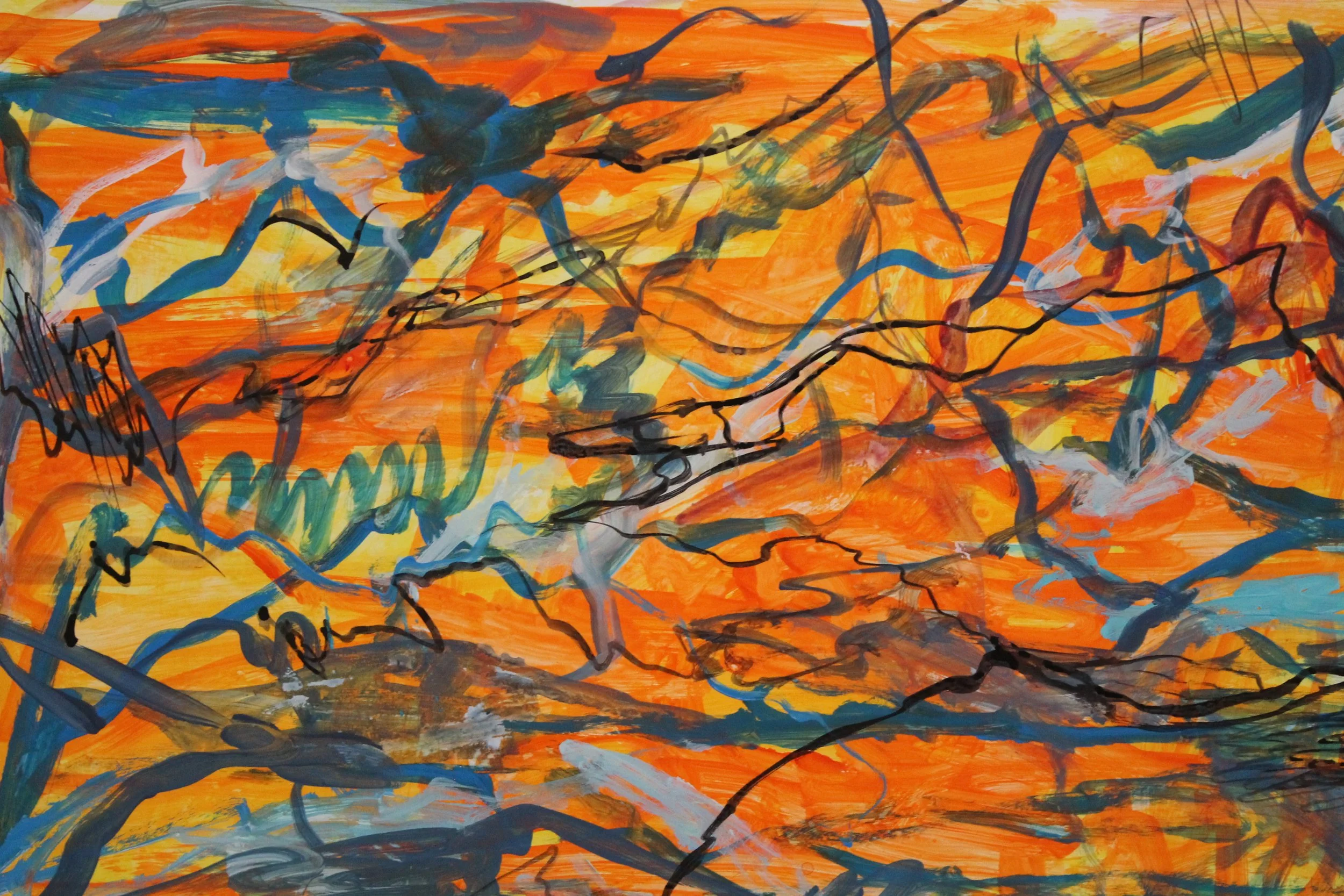 Abstract painting with orange and yellow background, with blue, black, and white swirling lines and brushstrokes.