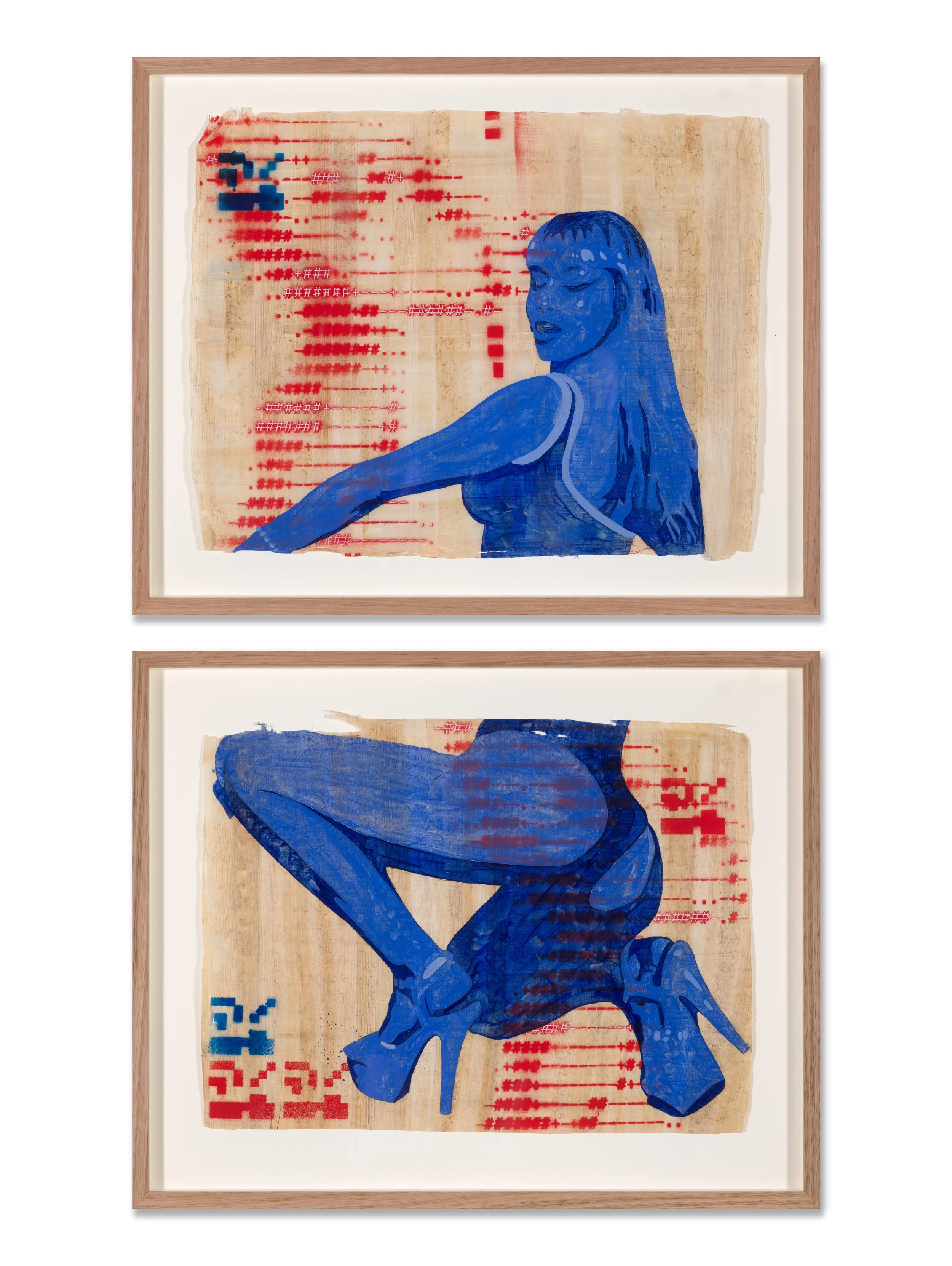 Mixed media artwork featuring a woman in blue painted on fabric, with abstract red and blue digital elements in the background, framed in wood.