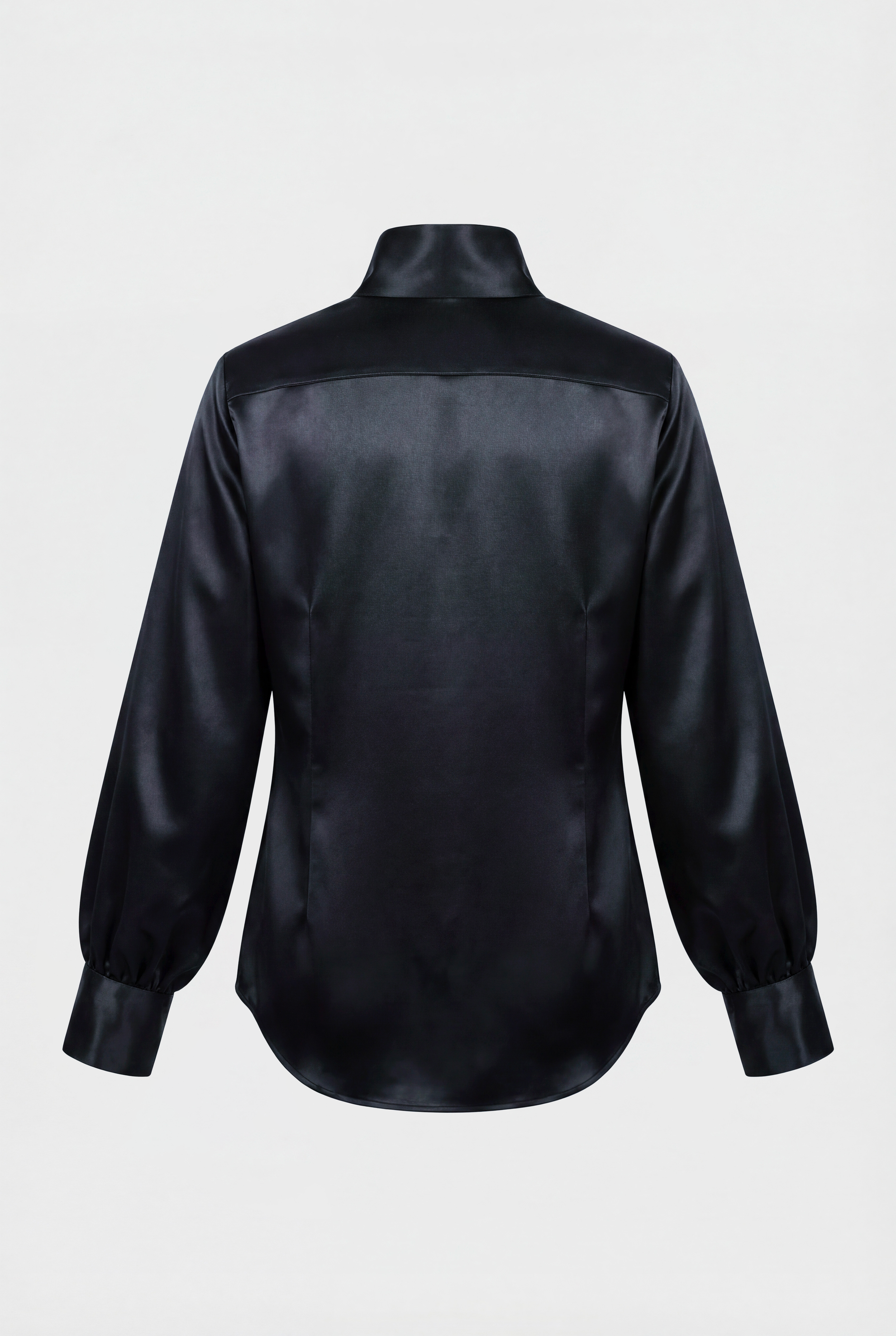 Back of OBADIA Diane Shirt in black satin with Lavallière neck tie