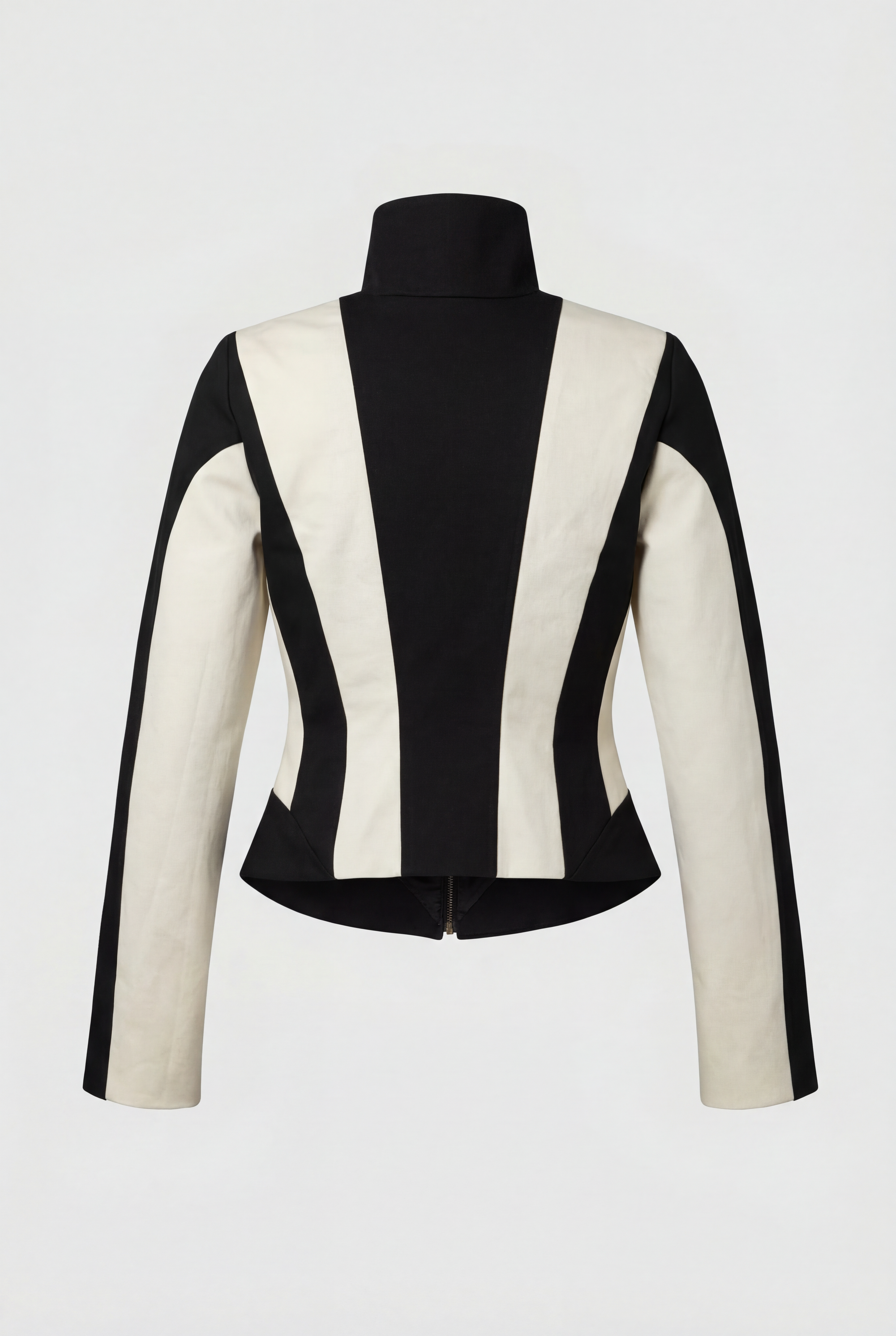 Back of OBADIA Manhunt cropped jacket in black and white with cut-out details
