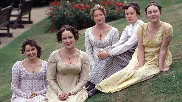 Pride & Prejudice, BBC Mini-Series, 1995. The Bennett Sisters lying on the grass.