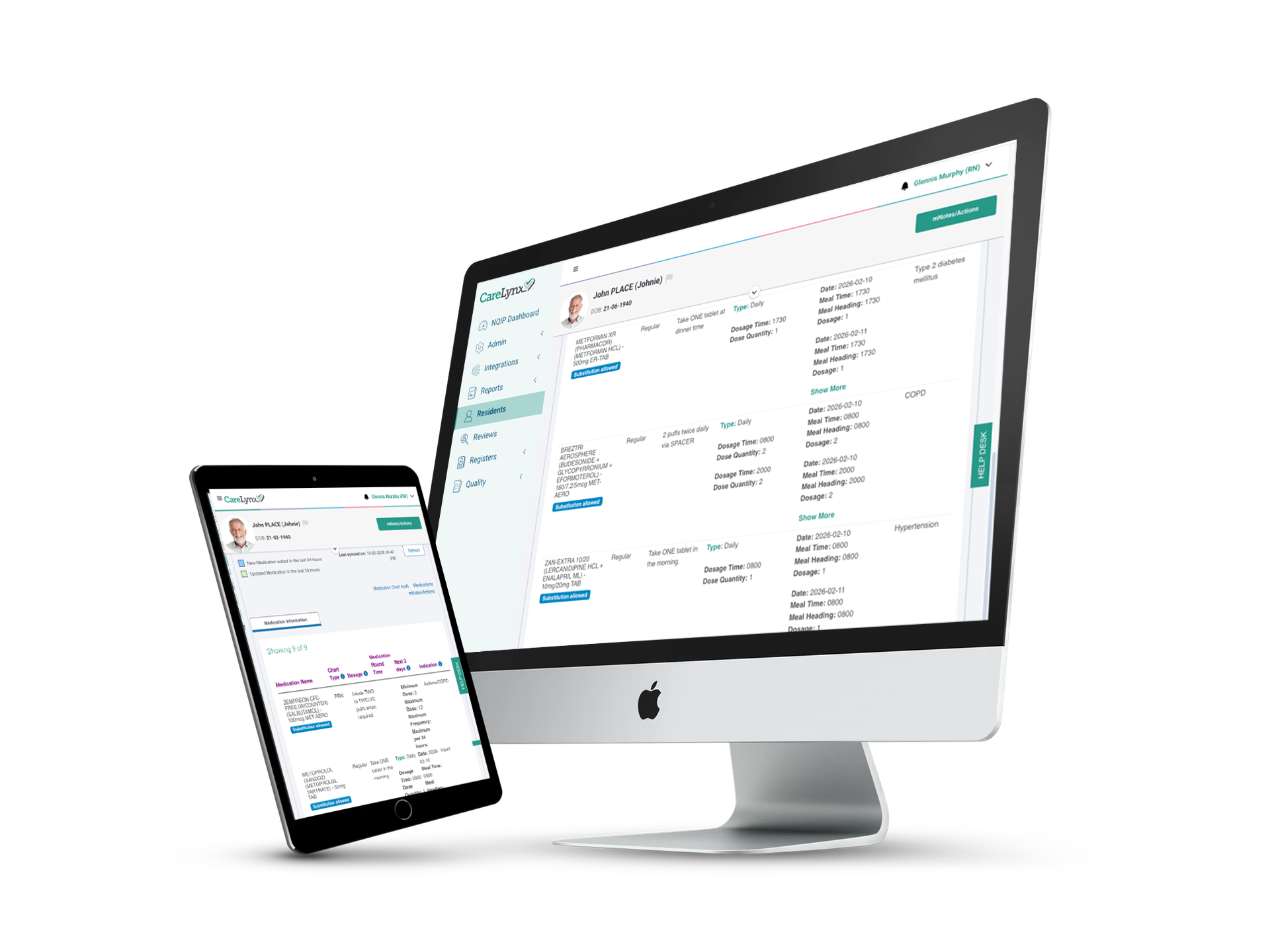 Monitor and tablet showing the medications section of the CareLynx Navigator Clinical Information System.