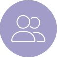 Icon of two generic human figures, one slightly behind the other, on a purple background.